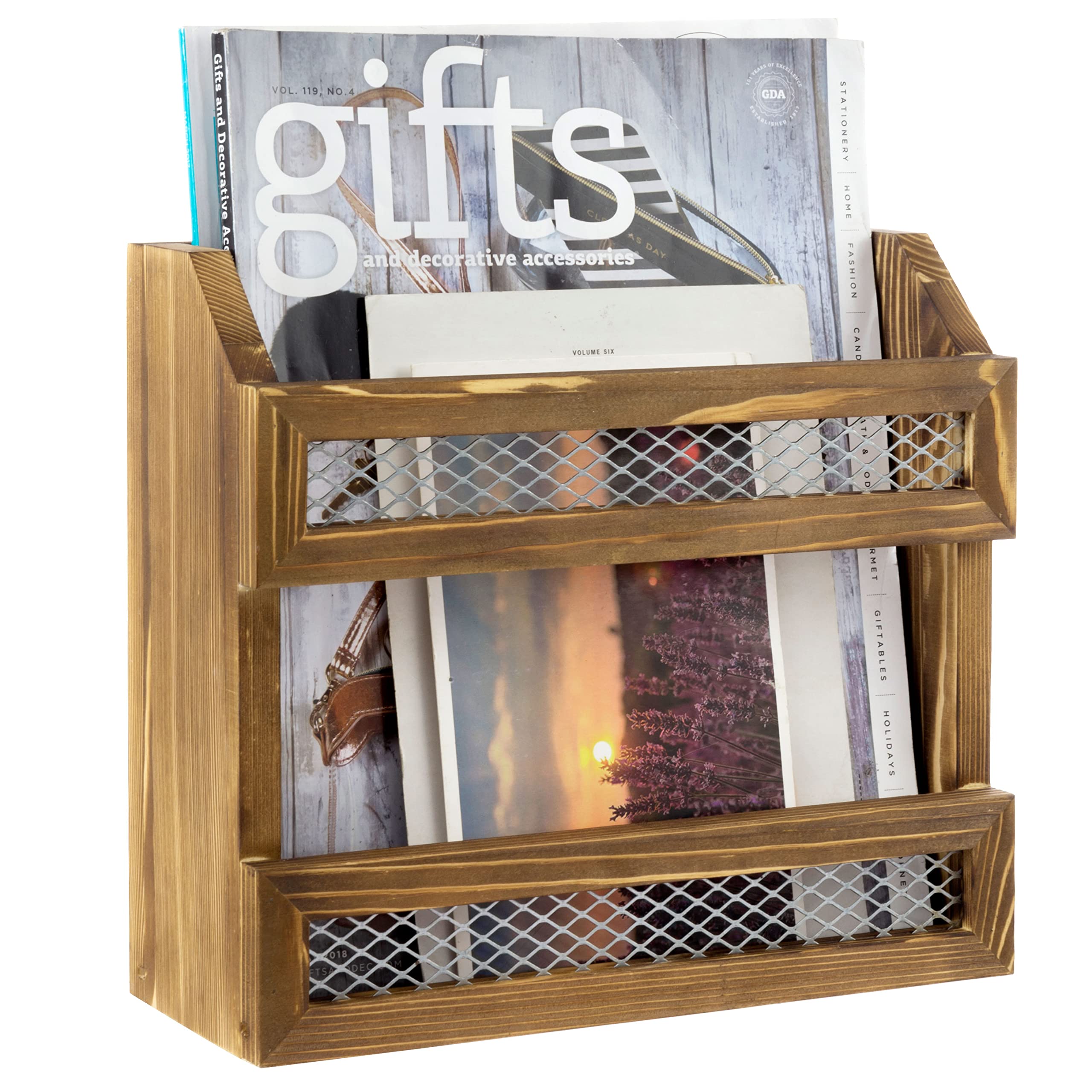 MyGift Rustic Burnt Solid Wood Magazine Holder with Decorative Chicken Wire Rail, Wall Mountable Storage Organizer Rack for Upright Display of Magazines