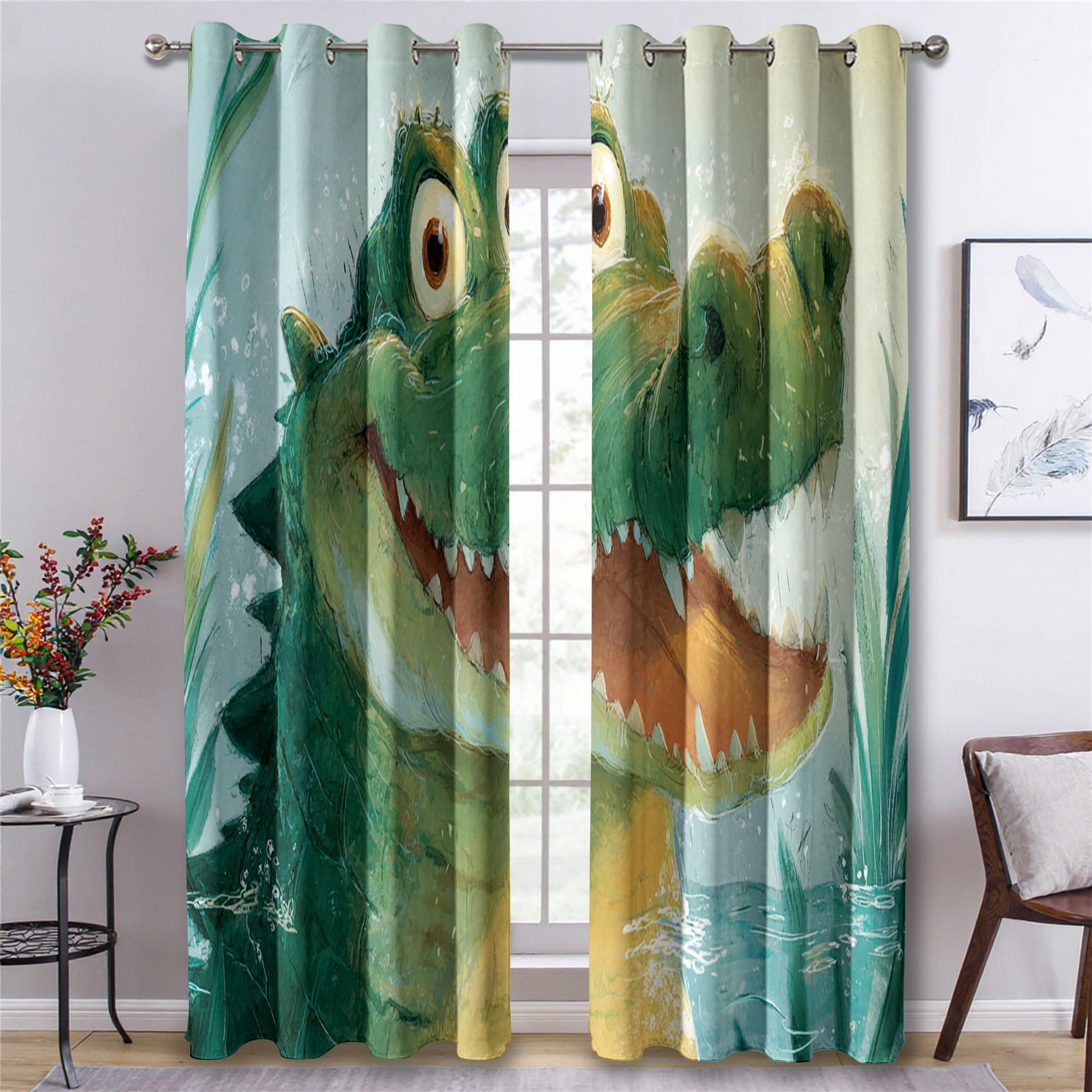 Generisch Verdunklungsvorhänge Krokodil, Vorhänge Kinder Cartoon Tier für Schlafzimmer Wohnzimmer Deko, Gardinen mit Ösen 183 X 117 cm (H x B), 2er Set Vorhang Blickdicht X&-42