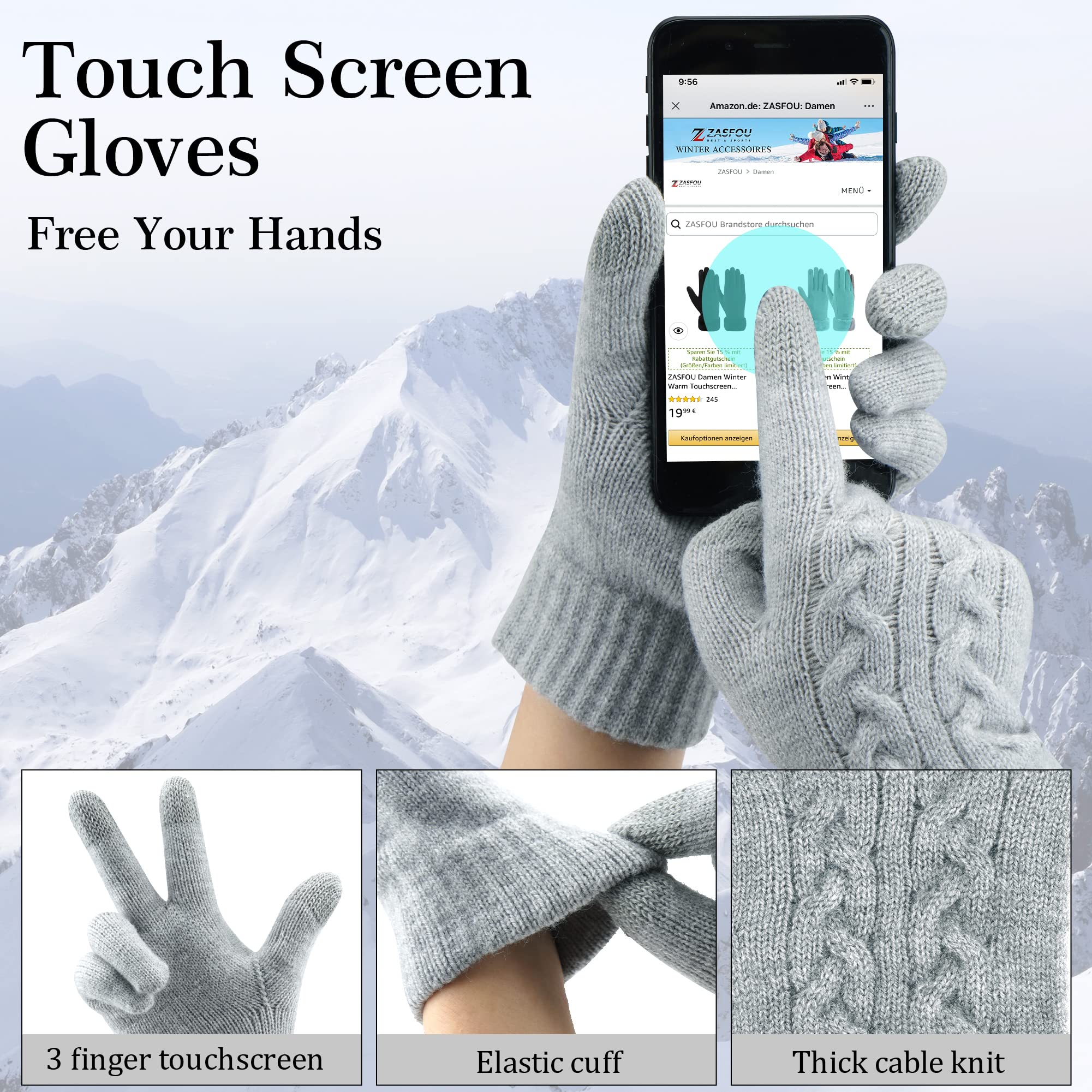 ZASFOU Damen Winter Mütze Schal Touchscreen Handschuhe Set Thermo Strickmütze Beanie Wintermütze Schals Winterschal Winterhandschuhe Geschenk für Frauen