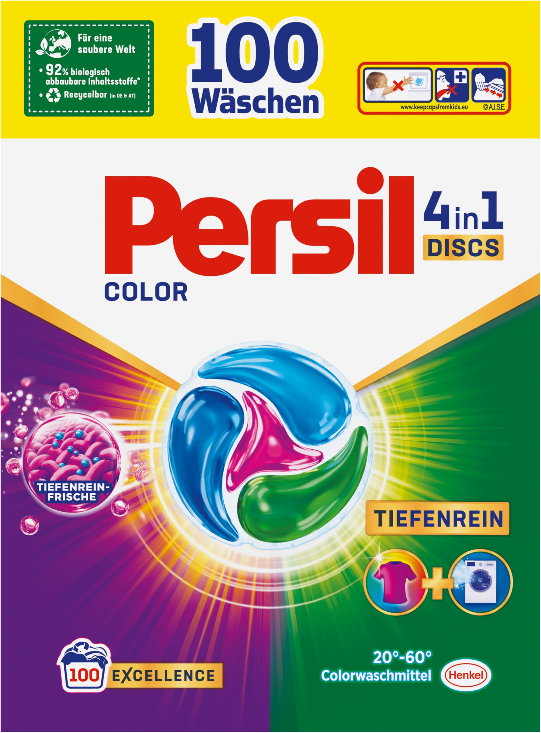 Persil 4in1 Color DISCS (100 Waschladungen), Waschmittel mit Tiefenrein-Frische, Colorwaschmittel für reine Wäsche und hygienischer Frische für die Maschine
