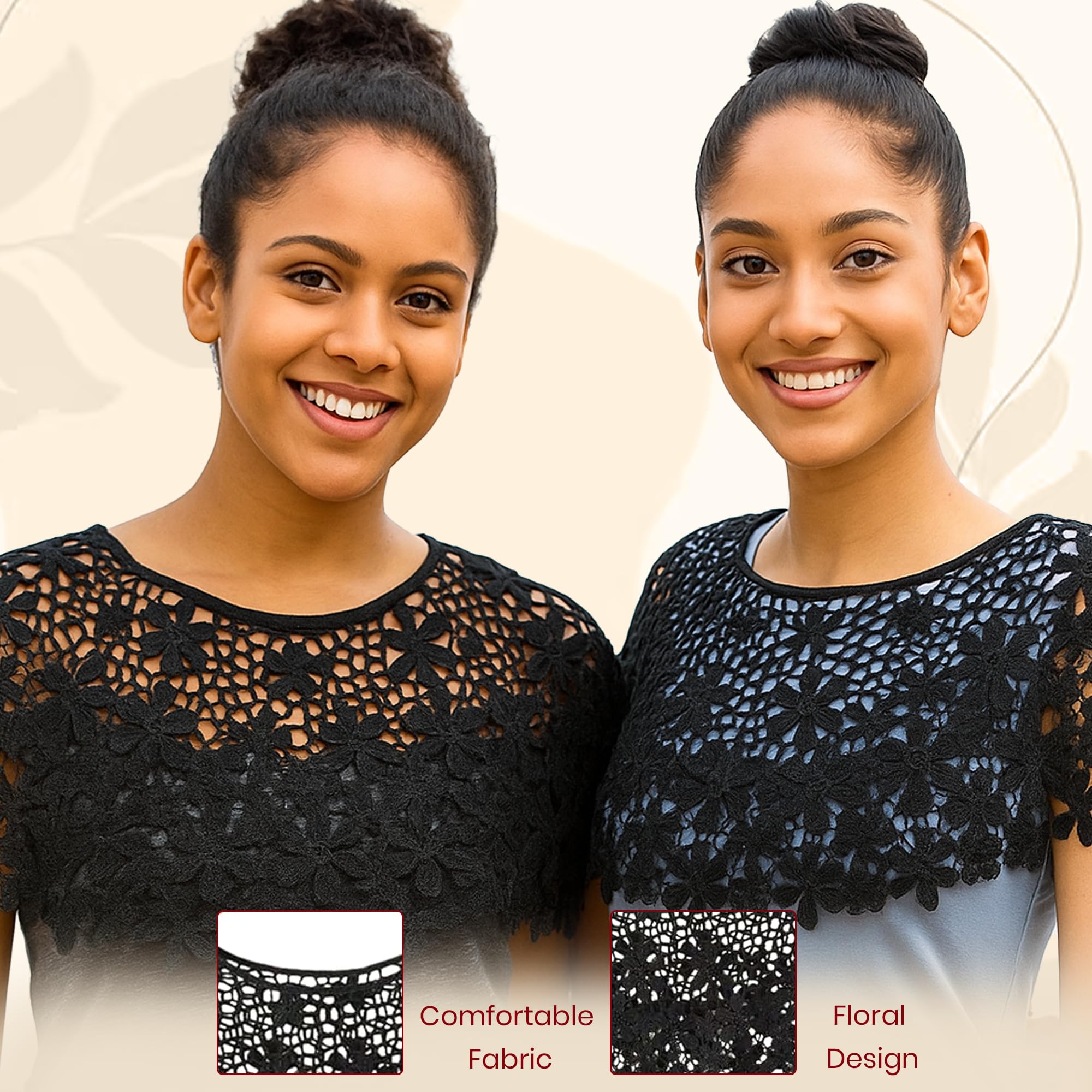 Homeaura® Lace Shrugs for Women | Stylish Cape Poncho Crochet Shrug Floral Pattern Capelets Knitted Cover Up Wraps | Short Hollow Out Net Shrug for Off-Shoulder Strapless Evening Beachwear (Black) - Image 3 thumbnail