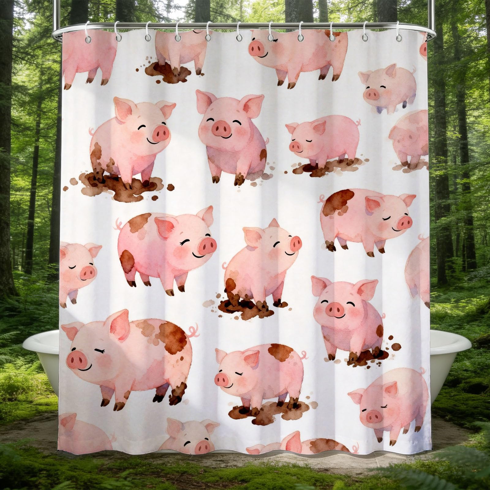 Hongduo White 3D Cute Pig Shower Curtain For Stalls Bathtubs Cute Animals Bathroom Decor Shower Curtain Set Polyester Fabric Waterproof 180X180cm/71X71 Inch With Hooks