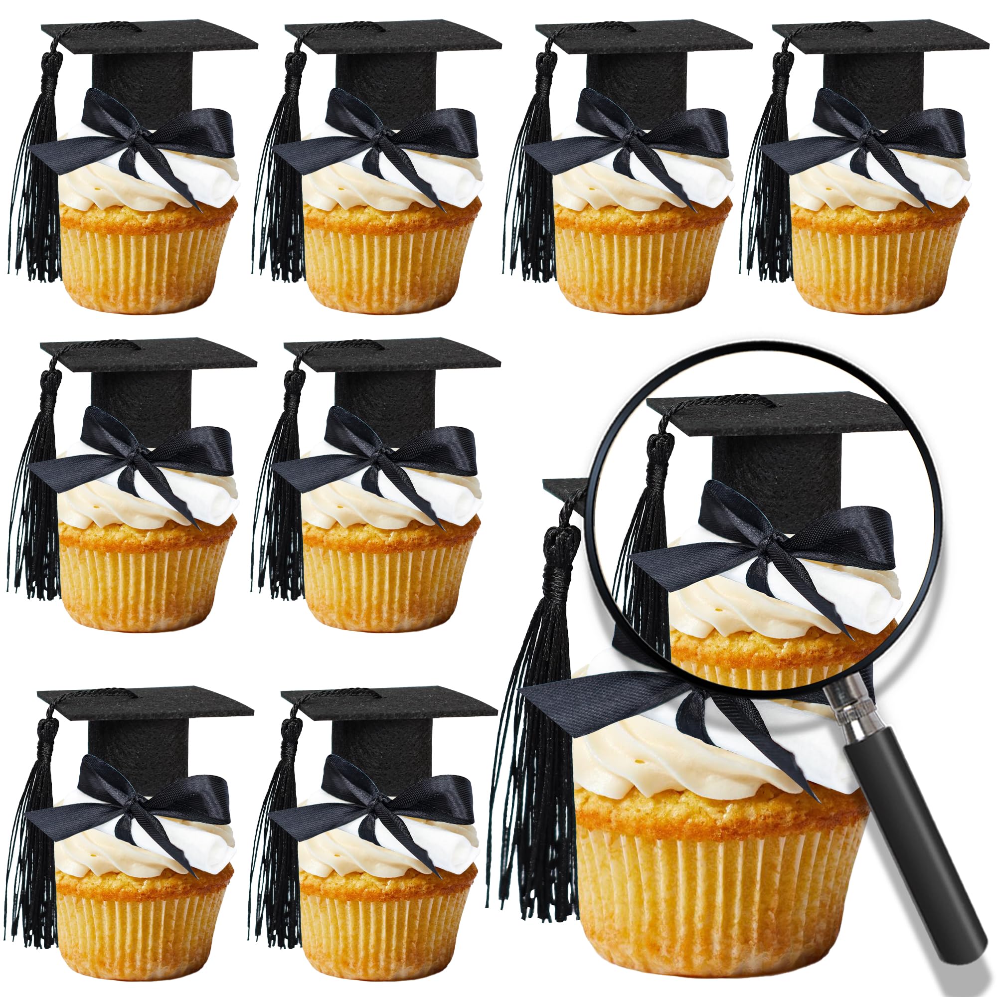 Gyufise 24Pcs 3D 2026 DIY Graduation Cap Cupcake Toppers and 24Pcs Diploma Picks 2026 Congrats Grad Cupcake Picks with Tassels for School Boys Girls Graduate Party Decorations Supplies Black
