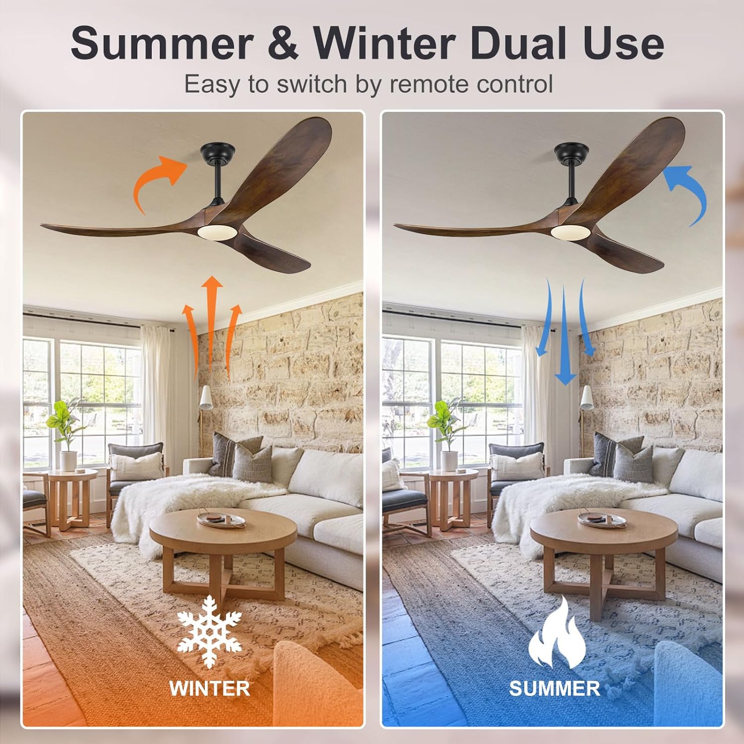 Eliora 60 Inch Ceiling Fans with Lights and Remote Control, Outdoor Ceiling Fan with Light High cfm Outdoor Ceiling Fan for Patio, Porch, 6 Speed Propeller Quiet DC Motor ETL Listed-Deep Walnut