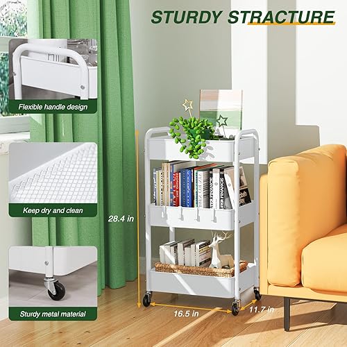 Miniatura 3 de LEHOM Carrito utilitario rodante de 3 niveles, carrito de metal con ruedas, ganchos, organizador de fácil montaje para baño, cocina, oficina,