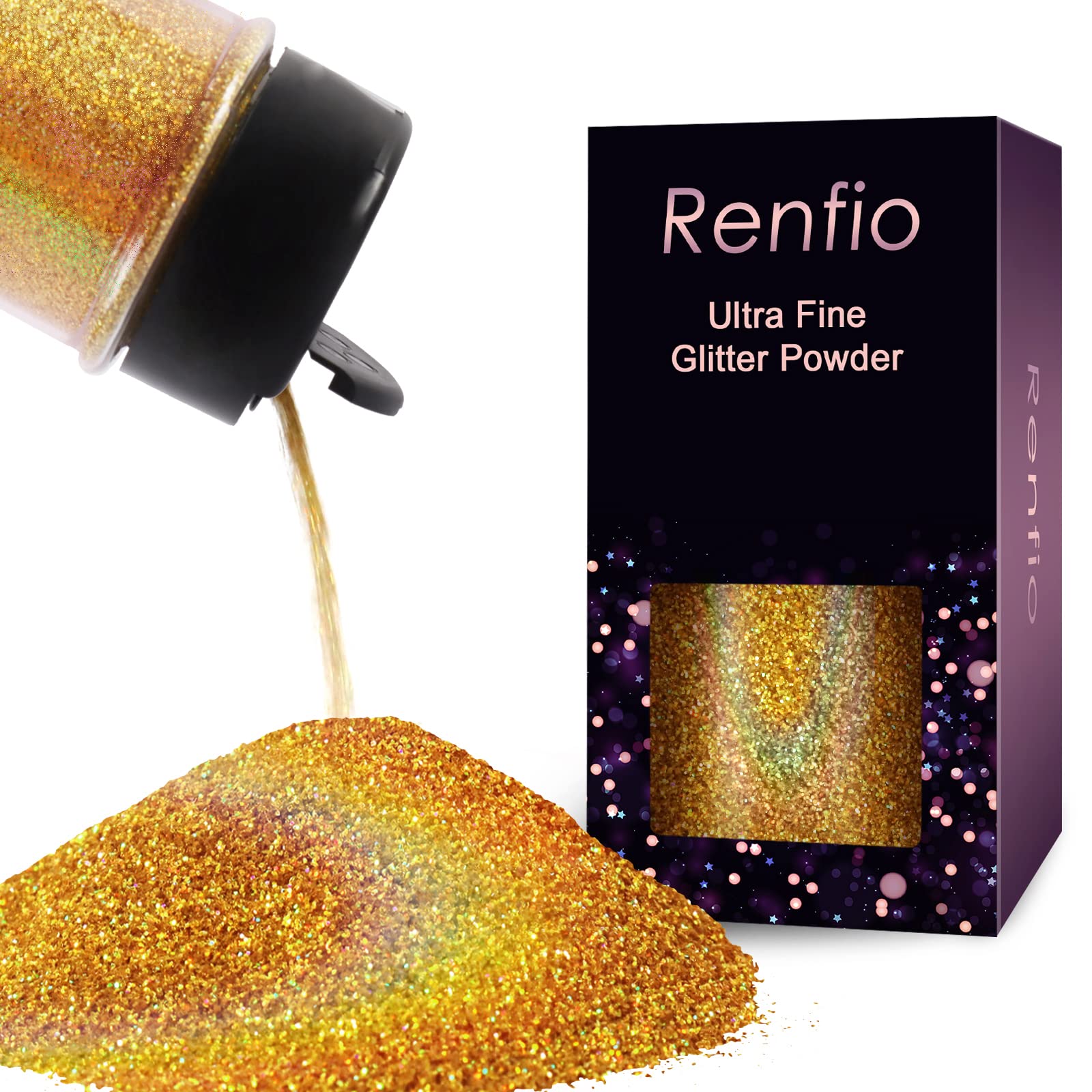 Renfio Holographic Ultra Fine Glitter Powder Metallic Resin Glitter 2.11 Oz (60g) PET Flakes Crafts Sequins 1/128" 0.008" 0.2mm Epoxy Chips Flakes for Tumblers Slime - Laser Gold