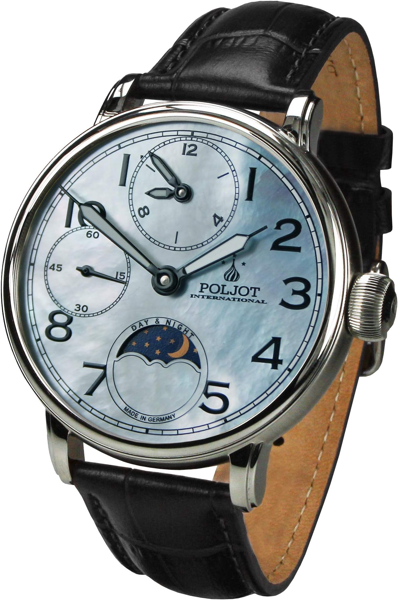 Mechanical men's watch double timer, hand-wound leather strap.