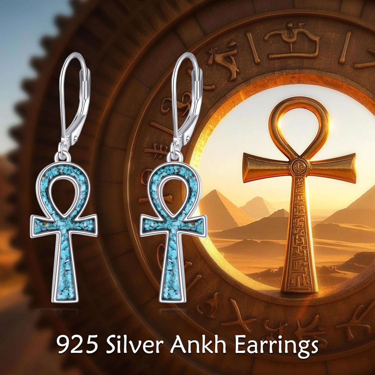 Turquoise Ankh Dangle Earrings Sterling SIlver Egyptian Jewelry Gift for Women