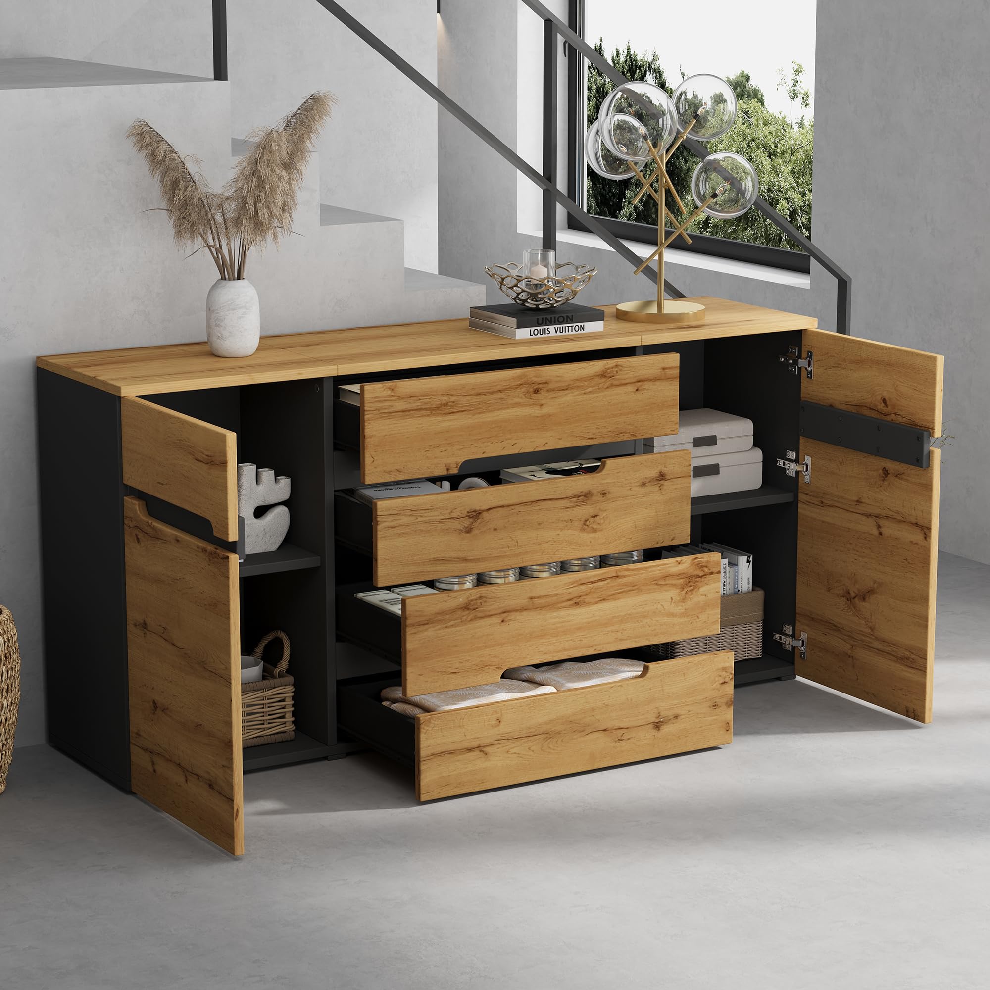 Merax Aparador con 2 puertas de armario, 4 cajones, aparador de madera, armario de cocina buffet, armarios anchos sin mango, color madera + negro/160 x 40 x 80 cm