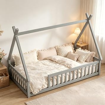 PVWIIK Twin Space Saving Design Floor Bed,Grey | Montessori Space Saving Design Floor Bed with Safety Guardrails & Slats for Kids Bedroom