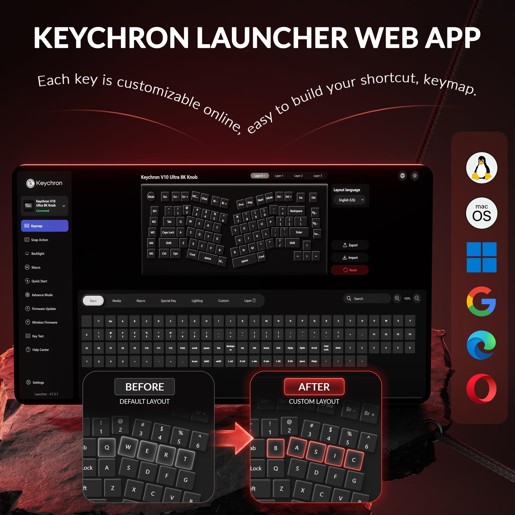 Keychron Tastiera meccanica wireless V10 Ultra 8K, layout ergonomico Alice al 75% con manopola, 8000Hz 2.4GHz/USB-C cablata, Bluetooth 5.3, ZMK, interruttori lineari rossi sostituibili a caldo per Mac