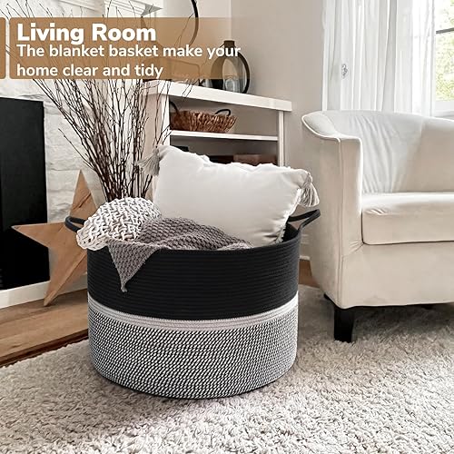 Miniatura 30 de CHICVITA XXL Canasta de cuerda de algodón tejida extra grande, canasta de manta de almacenamiento con asas, canasta de ropa decorativa, 22 x 22 x 14