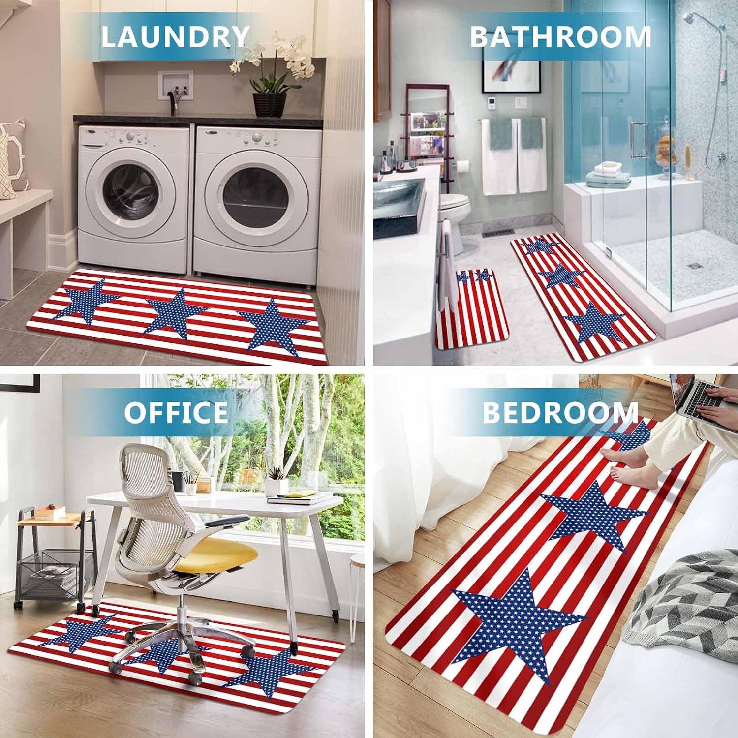Prime Leader Flag Day Kitchen Mat Set 2 Pieces Abstract America Blue Star Red Stripes Non Slip Kitchen Rugs Washable Runner Rug Mats for Sink Laundry (19.7" x 31.5"+19.7" x 47.2")