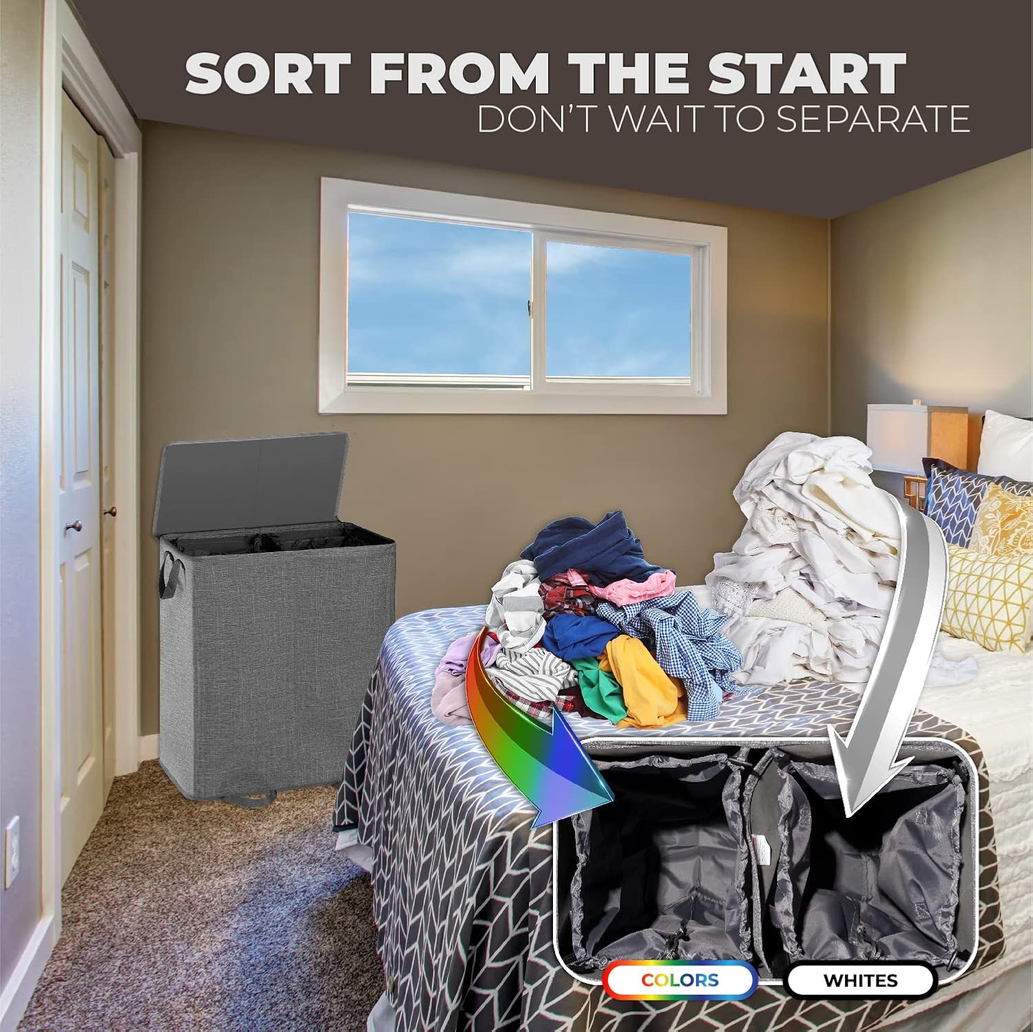 Bartnelli Double Laundry Hamper with one bag removed, showing clothes being sorted into 'Colors' and 'Whites' compartments.