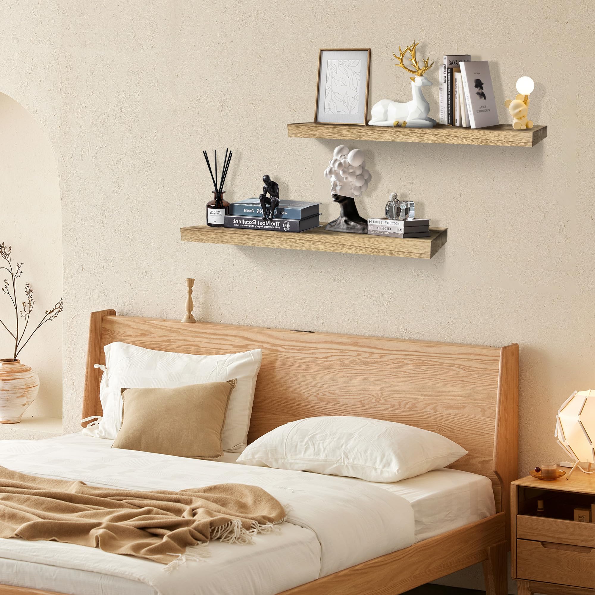 Quibbay Estantes flotantes para pared, juego de 2 estantes de pared de madera, estante colgante de 15.7 pulgadas con soportes invisibles, estantes flotantes para decoración de pared para baño, sala de