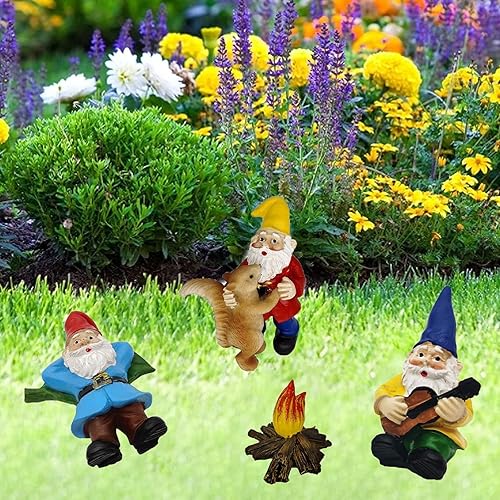 Miniatura 3 de 4 piezas de gnomos de jardín en miniatura de baile, accesorios de gnomos de jardín de hadas, fogata, pequeño gnomo al aire libre, estatua pequeña,