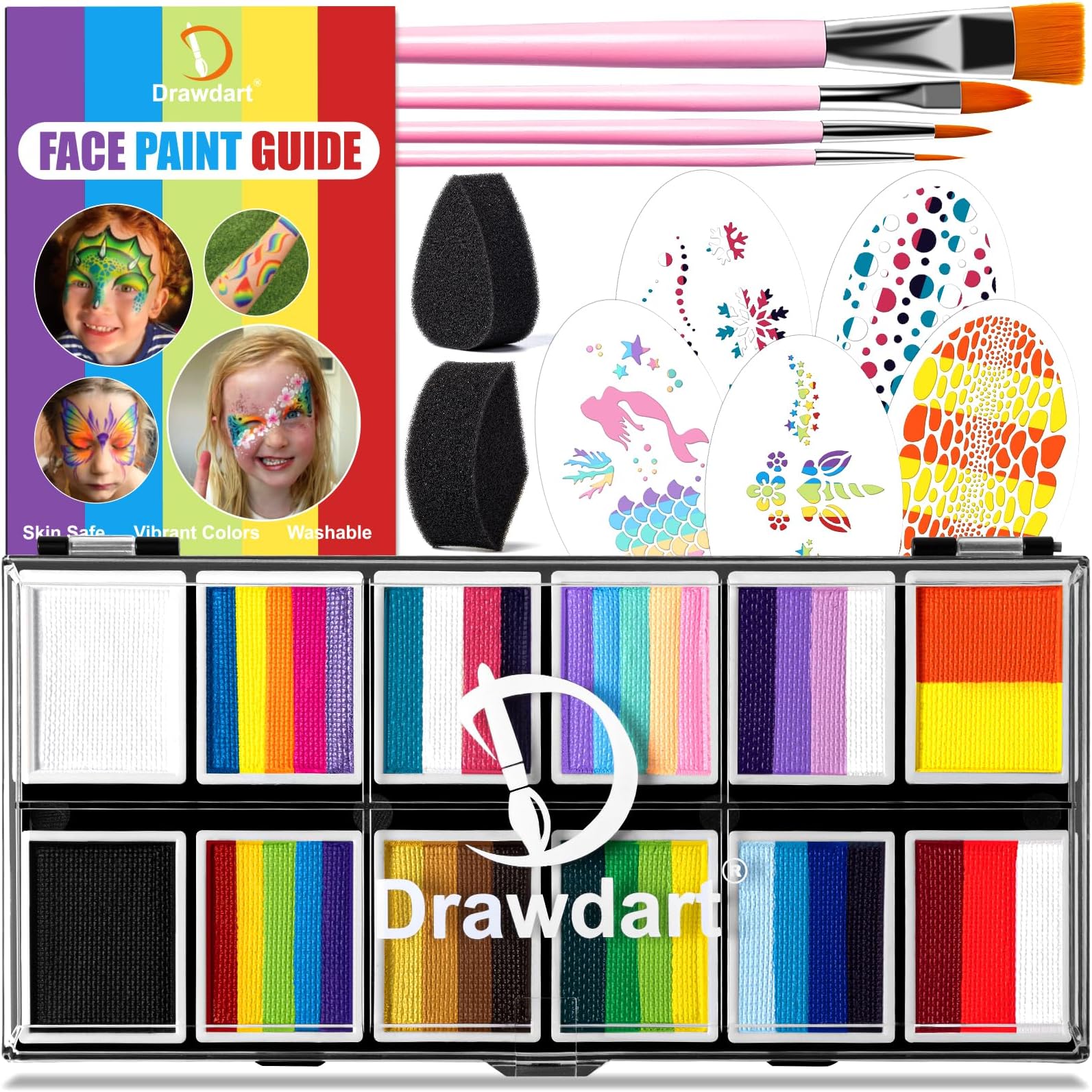 Drawdart Professional Face Painting Kit for Kids & Adults, Split Cake Face Paint Palette 12 x 10gm with Stencil, One Stroke Non Toxic Rainbow Body Paint Set for Halloween & Christmas Makeup