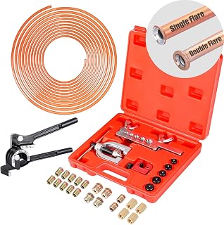 JINGTAO88 3/16" 25FT Copper Coated Brake Line Kit with 16 Fittings, 4 Unions & Double/Single Flaring Tool Set w/ Cutter & Bender