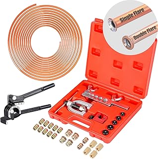 3/16" Brake Line Kit - 25 FT Copper Coated Brake Line (With 16 Brake Line Fittings and 4 Threads Unions) + Double & Single Flaring Tool Kit (With Tube Cutter And 5 Adapters) + Tube Bender