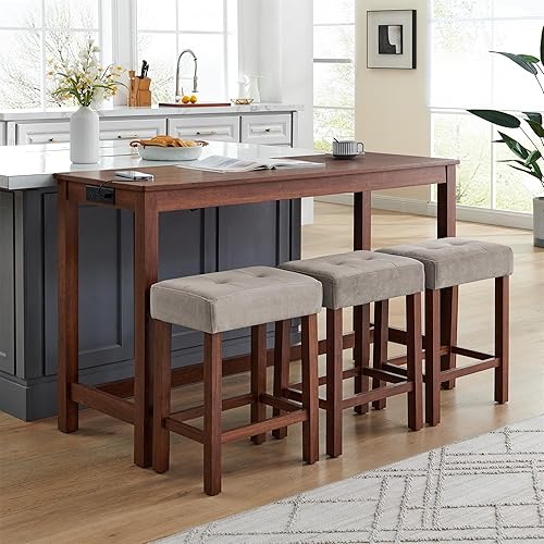 Miniatura 9 de 59 Inch Bar Table, Dining Table, Sofa Table with Power Outlet, 3 Upholstered Stools, 4 Bar Table and Chair Set for Living Room, Dining Room, Kitchen