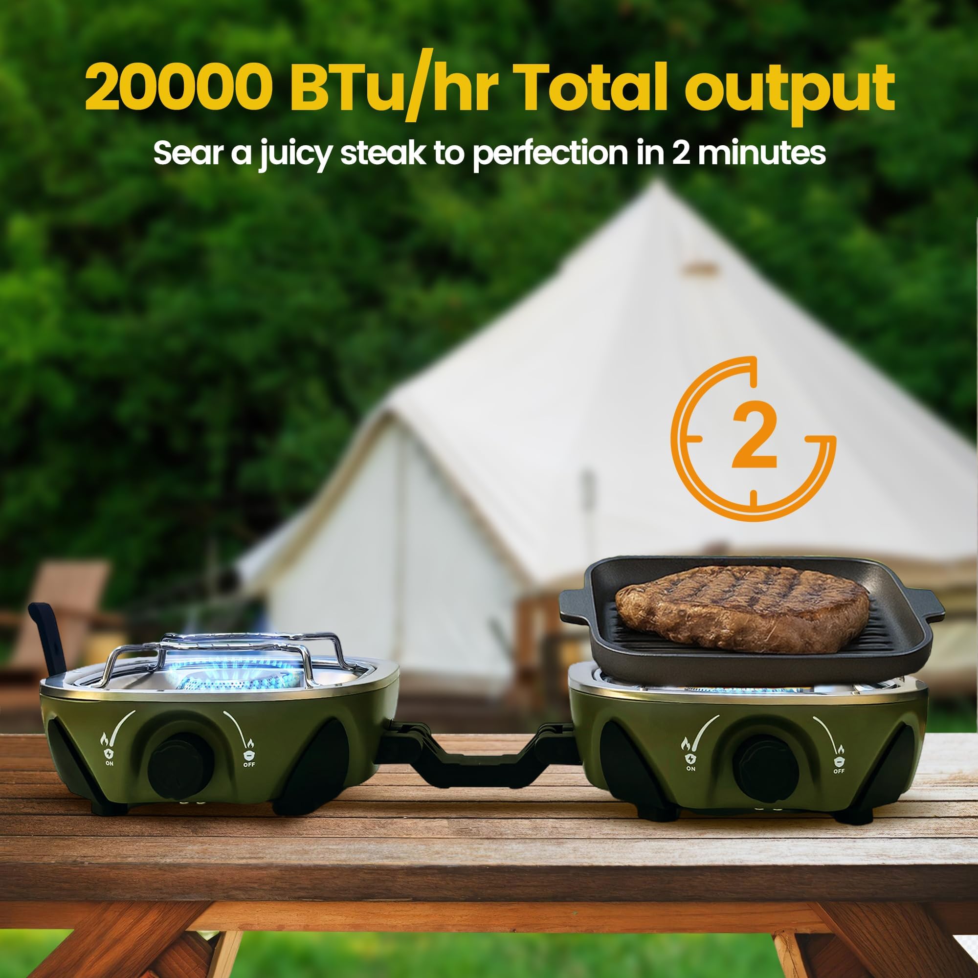 Réchaud de camping portable à 2 brûleurs - 3000 W x 2/1,74 kg - Léger et pliable - 2 feux avec allumage piézo - Plaque de cuisson et tuyau de gaz - Pour barbecue extérieur, randonnée et
