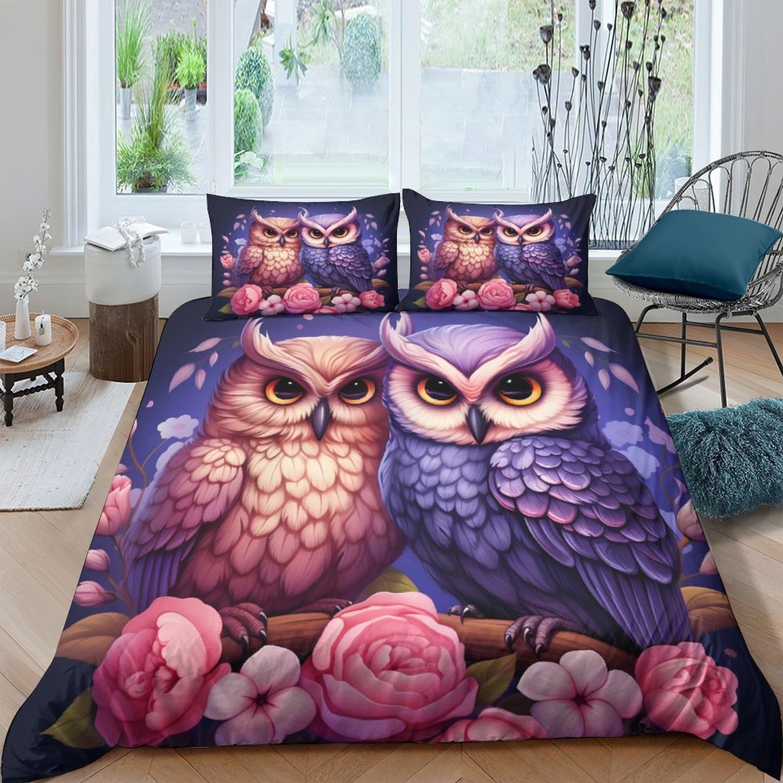 Ctjqhvkz Style-1 3D Printed Romantic Owl Fitted Sheet Microfiber Non Slip Floral Bed Cover For Bedroom Guest Room Decor Single（135X200cm）