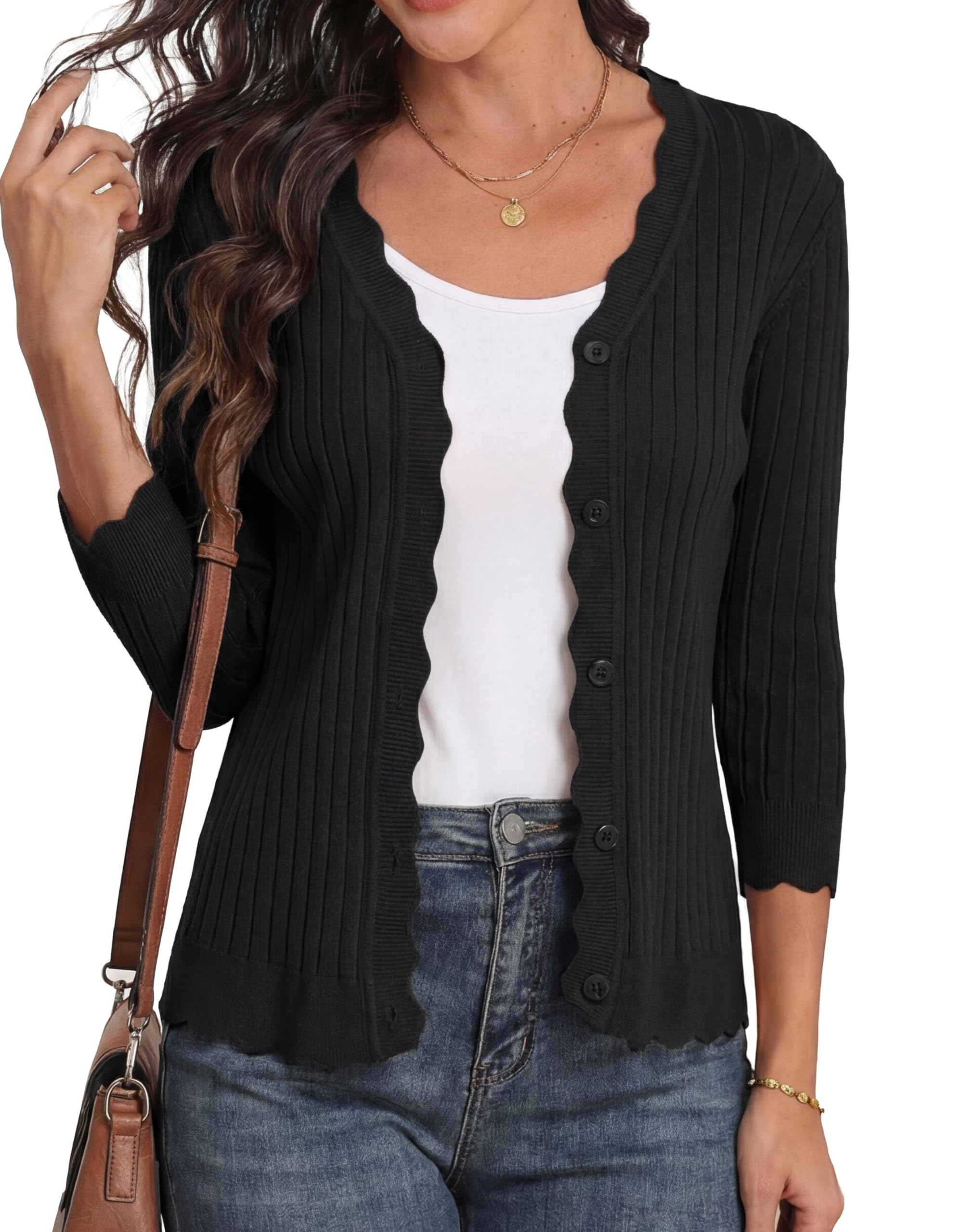 GRECERELLE Damen Cardigan mit 3/4 Arm, Elegante Strickjacke mit Wellensaum, V-Ausschnitt Leichte Rippstrick-Jacke für Sommer und Übergangszeit