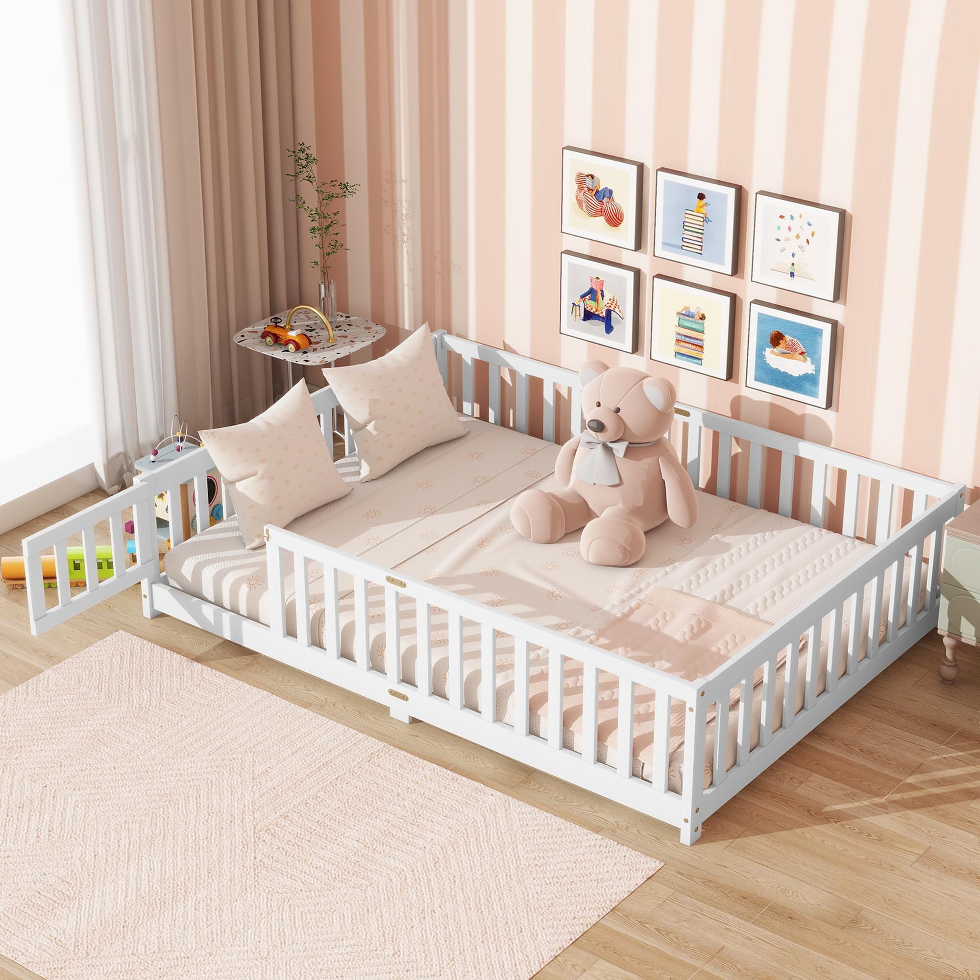 Full Floor Bed with Safety Guardrails for Kids, Rubber Wood Montessori Bed with Slats and Convertible Door,Full Size Bed Frame for Girls and Boys,No Box Spring Needed,White