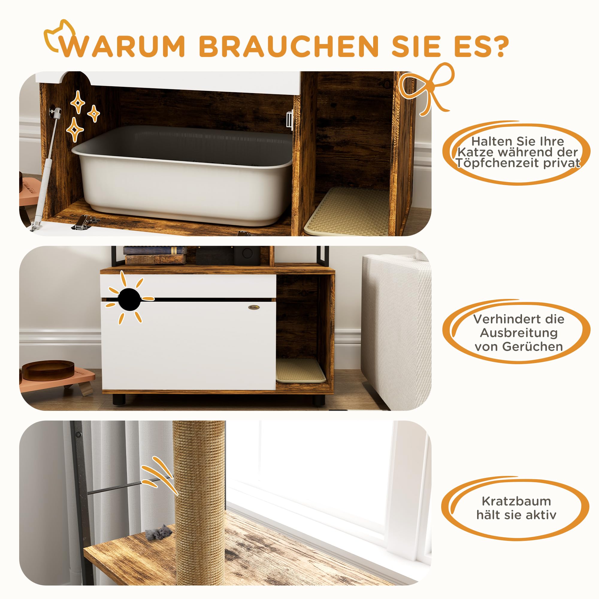 PawHut Katzenklo-Schrank, Katzenschrank, 2 in 1 Versteckter Katzentoilette mit 3-Ebenen-Regal, Kratzpfosten, Klapptür, Katzenhaus für Katze unter 6 kg, 80 x 48 x 152 cm, Rustikal-Braun