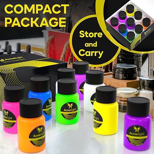 Miniatura 3 de Juego de pintura acrílica que brilla en la oscuridad, 9 colores fluorescentes neón para lienzo, madera y piedra, reactiva a la luz negra,