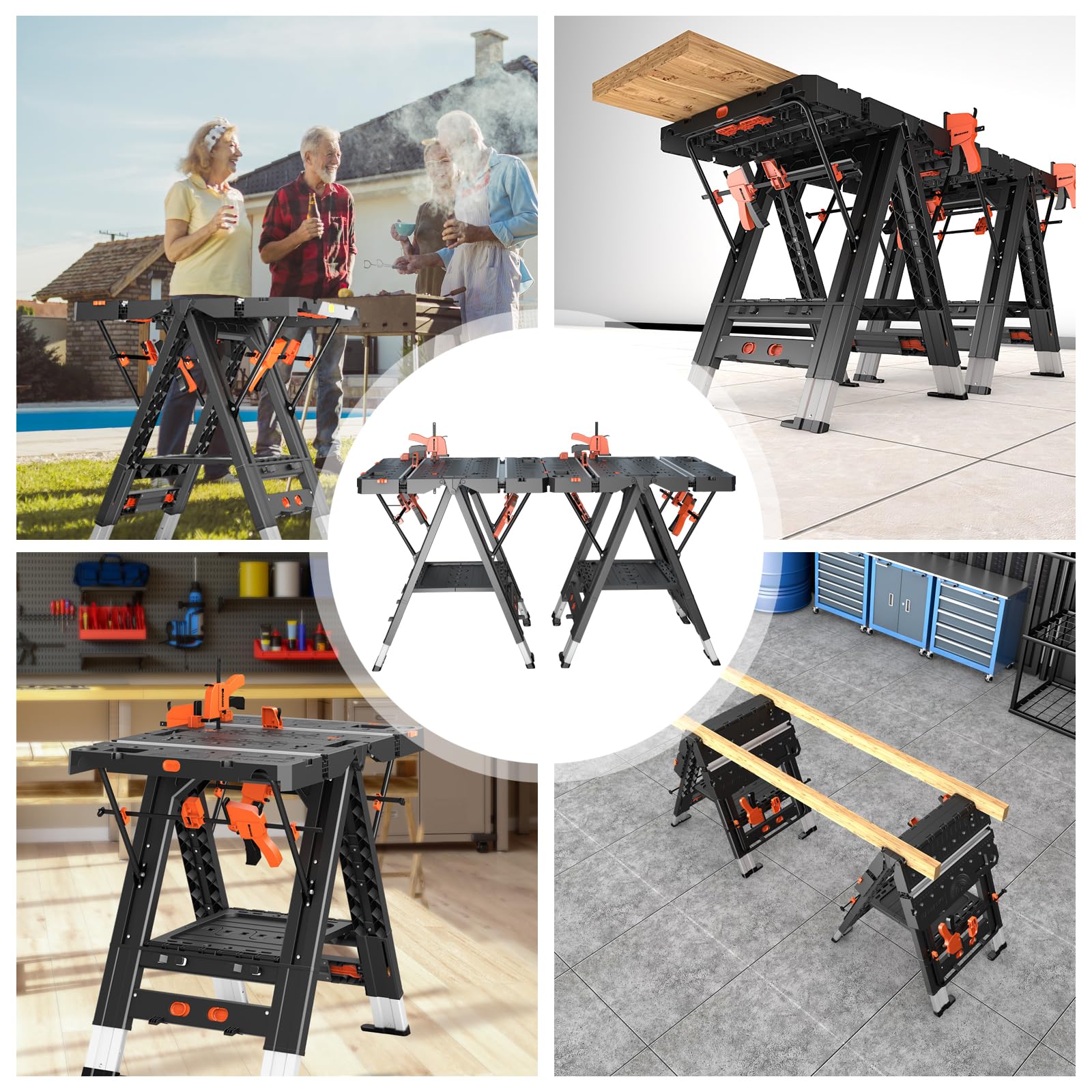 LARBANKE Banco de trabajo plegable portátil combinado,Caballete y banco de trabajo 2 en 1,Banco de trabajo impermeable con capacidad extra de carga con 8 pinzas para trabajar la madera,8 bloques de