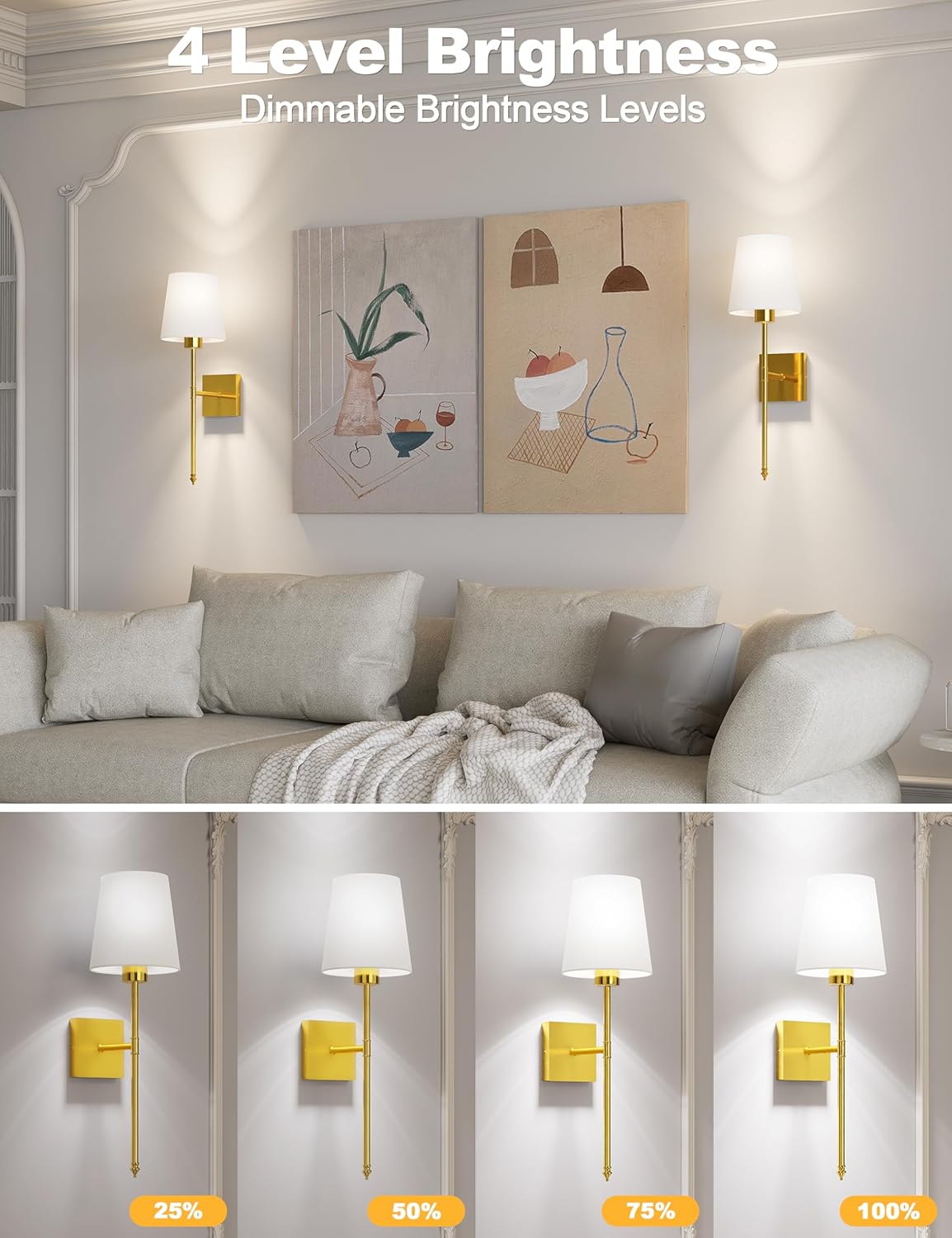 Battery Operated Wall Sconce Set of 2 - Gold Wireless Battery Wall Sconce with 5200mAh Rechargeable Light Bulb and Remote, RGB and Dimmable Cordless Wall Lights for Bedroom, Living Room