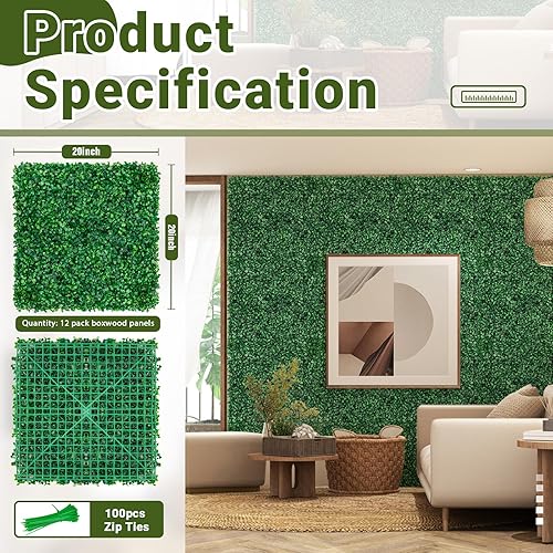 Miniatura 4 de 12 paneles de boj artificiales de 20 x 20 pulgadas, resistentes a los rayos UV, pared de césped sintético realista para setos de privacidad en