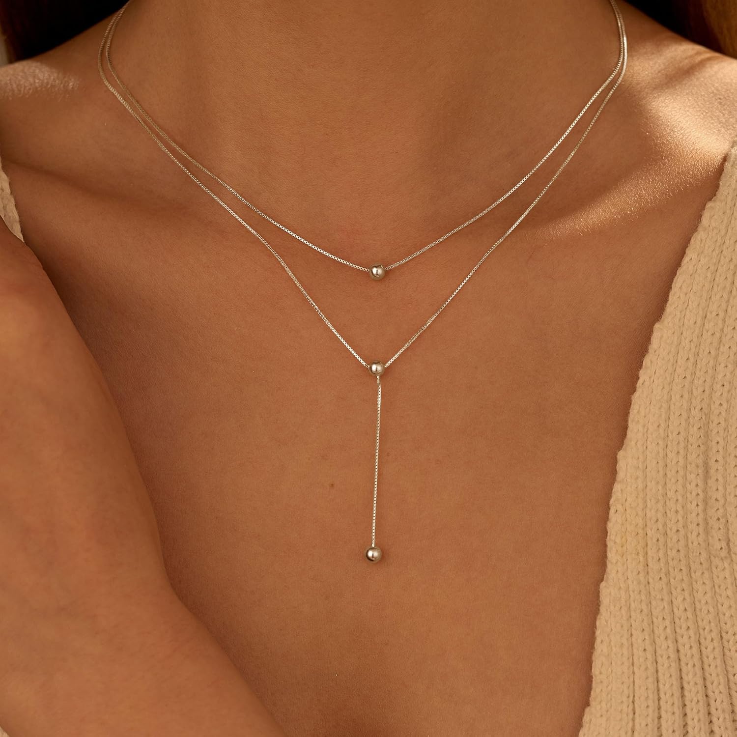 Y Shaped Layer Bead Pendant Necklaces for Women Mom 925 Sterling Silver Dainty Long Chain Necklace 14K Gold Plated Round Balls Multilayer Adjustable Trendy Drop Choker Valentine's Day Jewelry Gifts - Image 3