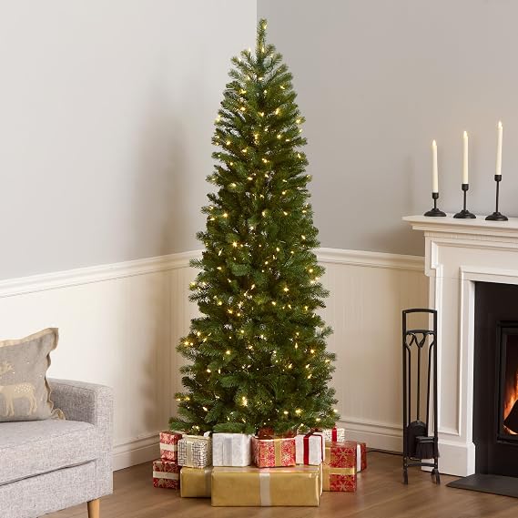 National Tree Company 6.5 ft Pre-Lit Downswept Douglas Fir Slim Artificial Christmas Tree, 300 LED Lights, 640 Tips, PowerConnect, Foot Pedal, 10 Light Functions, Includes Stand, Green