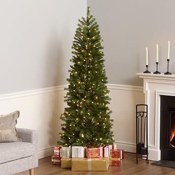 National Tree Company 6.5 ft Pre-Lit Downswept Douglas Fir Slim Artificial Christmas Tree, 300 LED Lights, 640 Tips, PowerConnect, Foot Pedal, 10 Light Functions, Includes Stand, Green