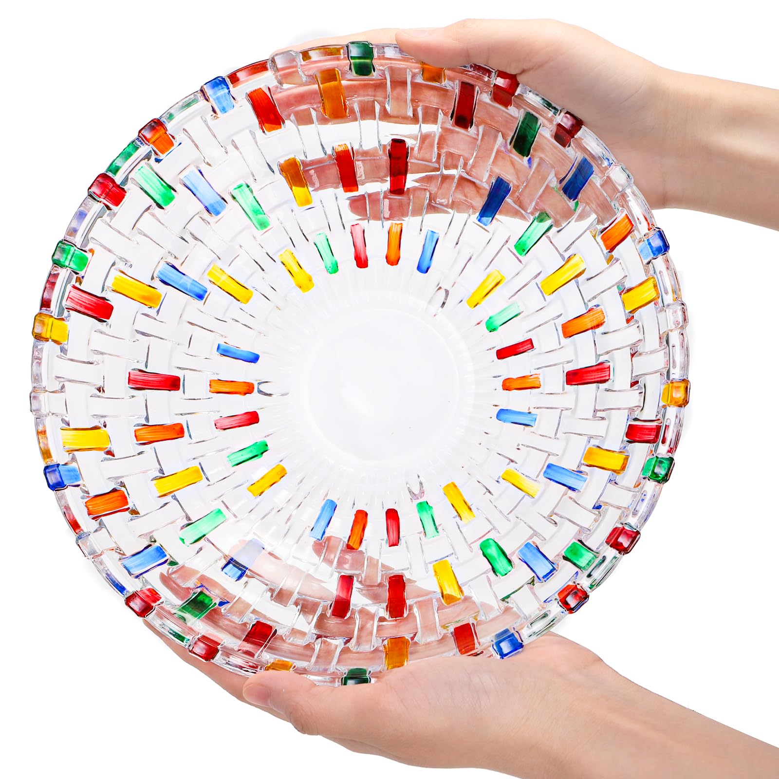 Paquete de 2 cuencos de frutas de cristal coloridos, cuencos de vidrio tejidos pintados a mano de 10 pulgadas, plato grande decorativo para mostrar ensalada, postre, pastel, dulces, aperitivos 4