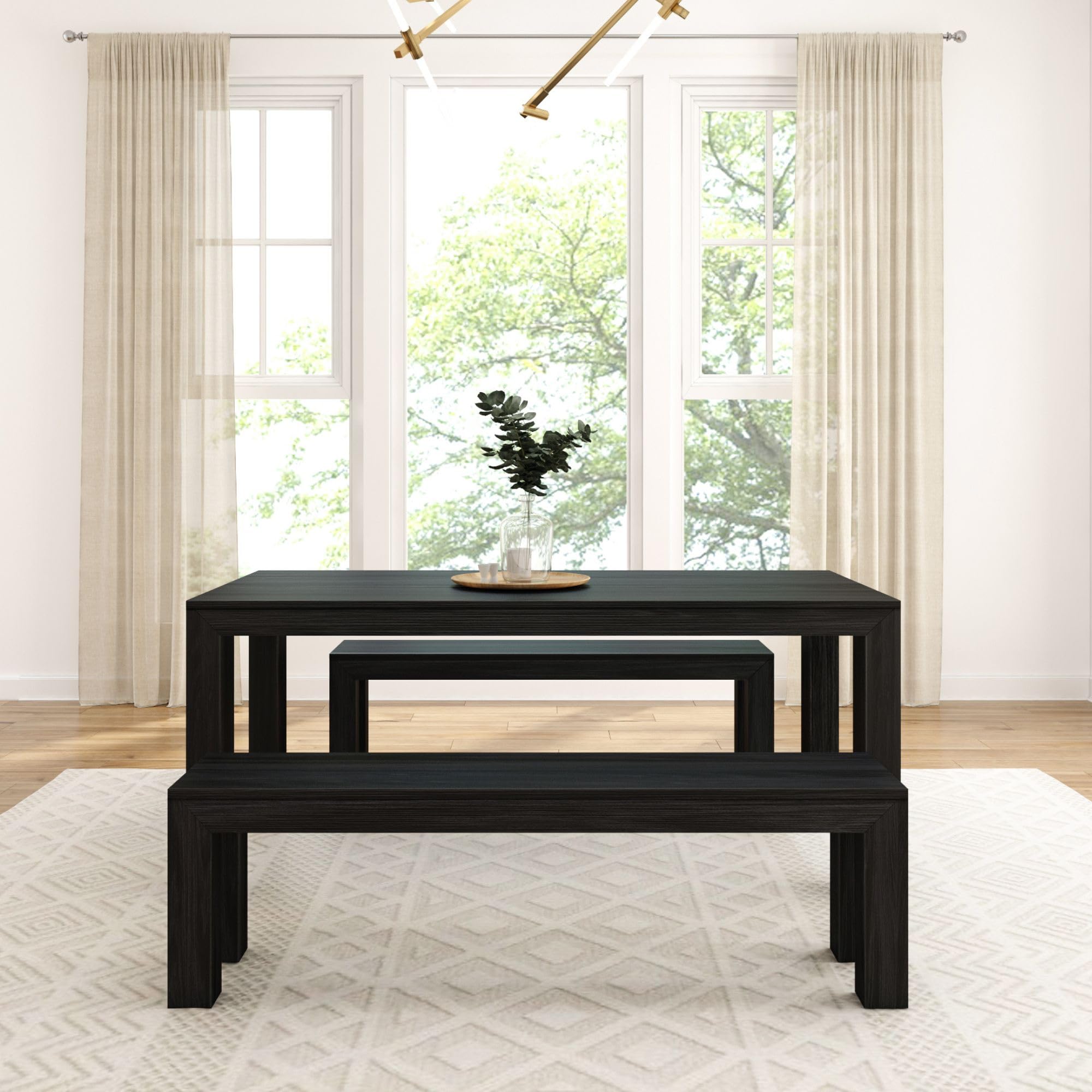 Plank+Beam Modern Dining Table Set with 2 Benches, Black Wirebrush
