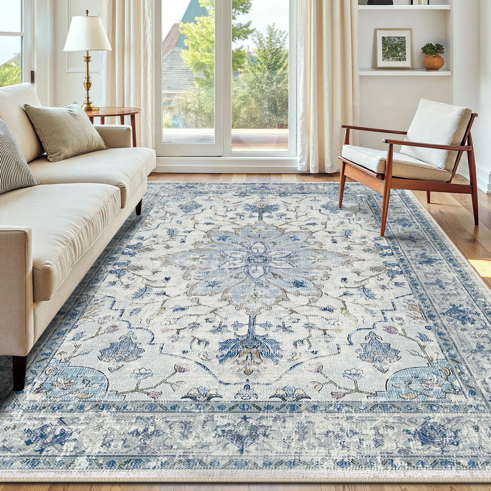 INOVADAY Machine Washable Rugs 150x210 cm Vintage Area Rug Low Pile Anti-Slip Carpet with Print Pattern for Living Room Bedroom Home Office Indoor Blue/Grey โ image 1