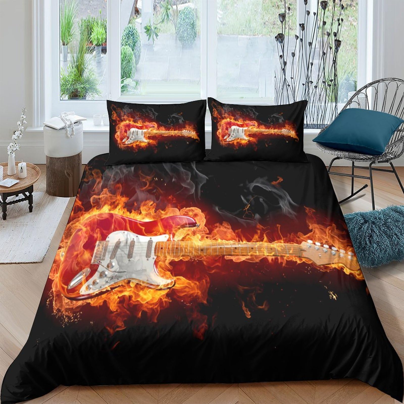 Ctjqhvkz Style-4 3D Printed Flaming Guitar Fitted Sheet Microfiber Soft Black Fire Bed Cover For Bedroom Dorm Mattress Protection Decor Single（135X200cm）