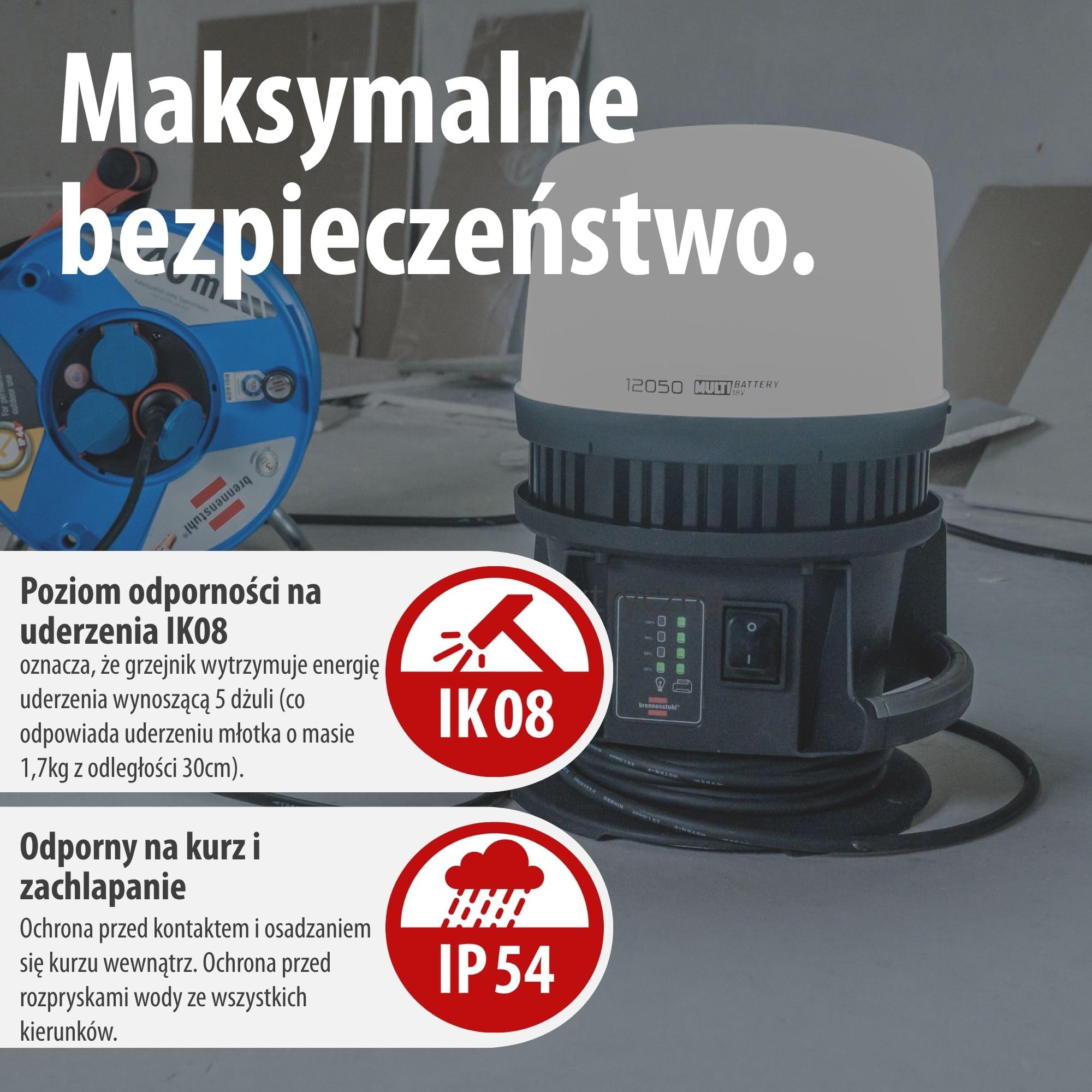 Brennenstuhl Professional Multi Battery LED 360° Hybrid Reflektor budowlany 12050 MH (12000lm, IP54, kompatybilny z akumulatorami 18V od 10 różnych producentów, kabel RN 5m, bez akumulatora)