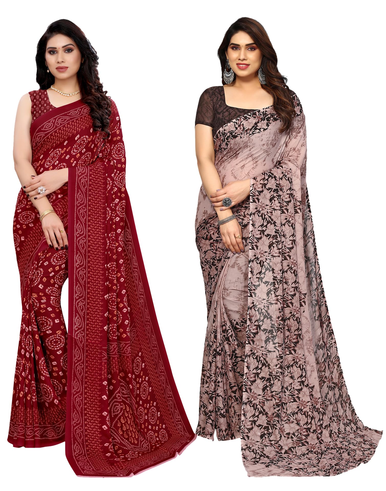 SIRIL Women's Georgette Printed Saree With Unstitched Blouse Piece Combo Pack Of 2