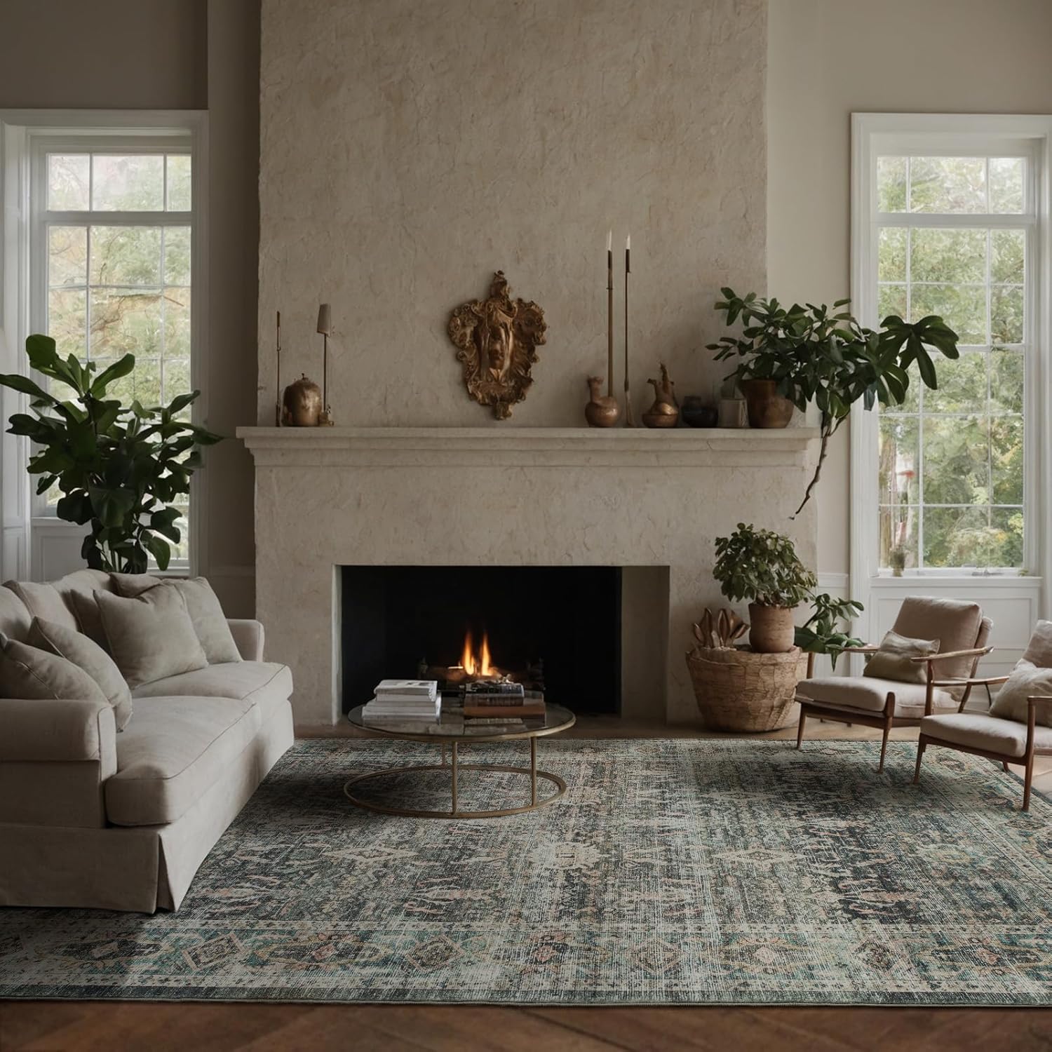 5x7 Boho Area Rug Machine Washable, 5' x 7' Green Soft Non-Slip Area Rugs with Rubber Backing for Bedroom Kitchen Entryway Living Room Bathroom, Faded Green Faded Green 5' x 7'