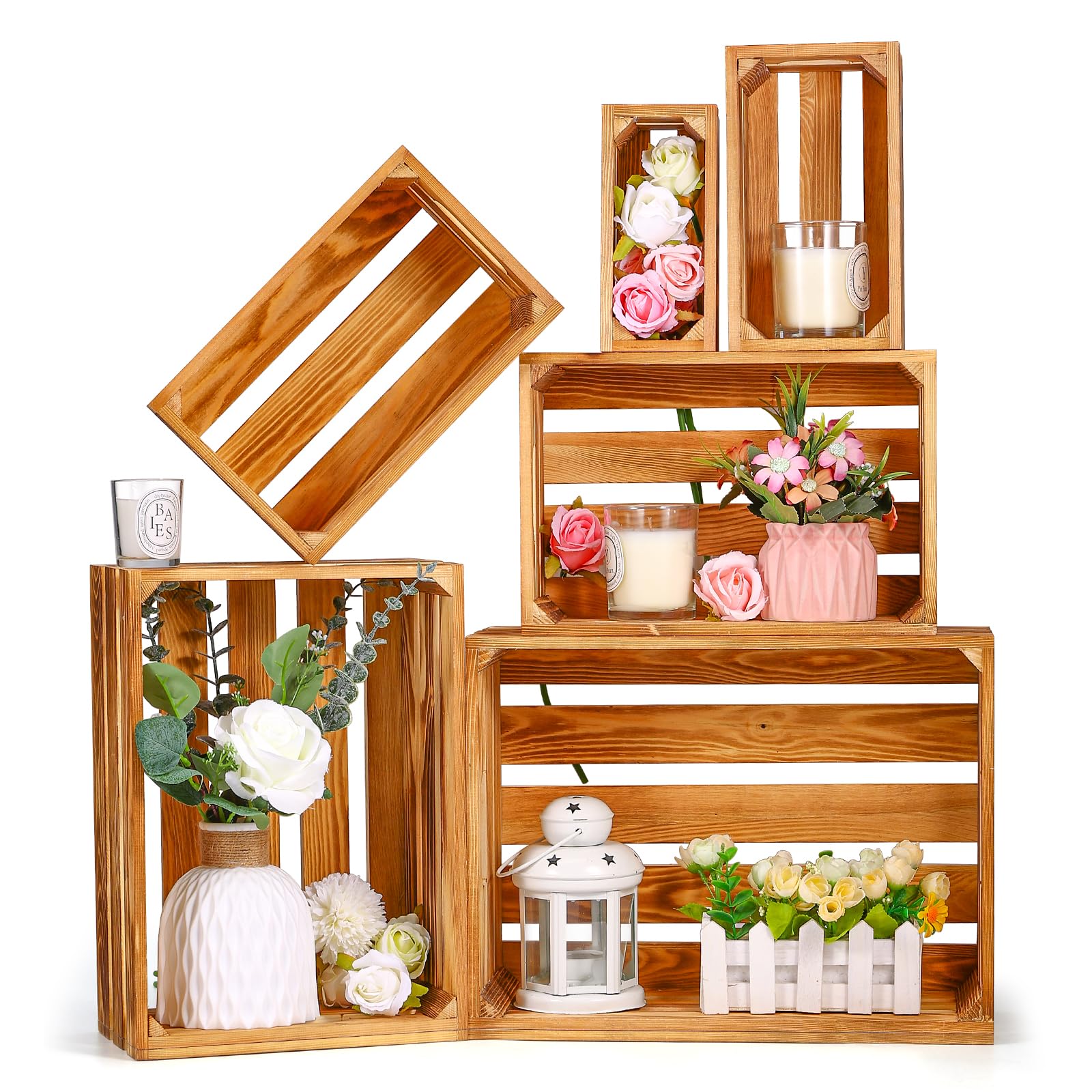 BOBOKA Set of 6 Decorative Wood Crates Nesting Storage Container, 6 Size Farmhouse Decorative Wooden Storage Boxes, Rustic Wooden Crates for Storage,