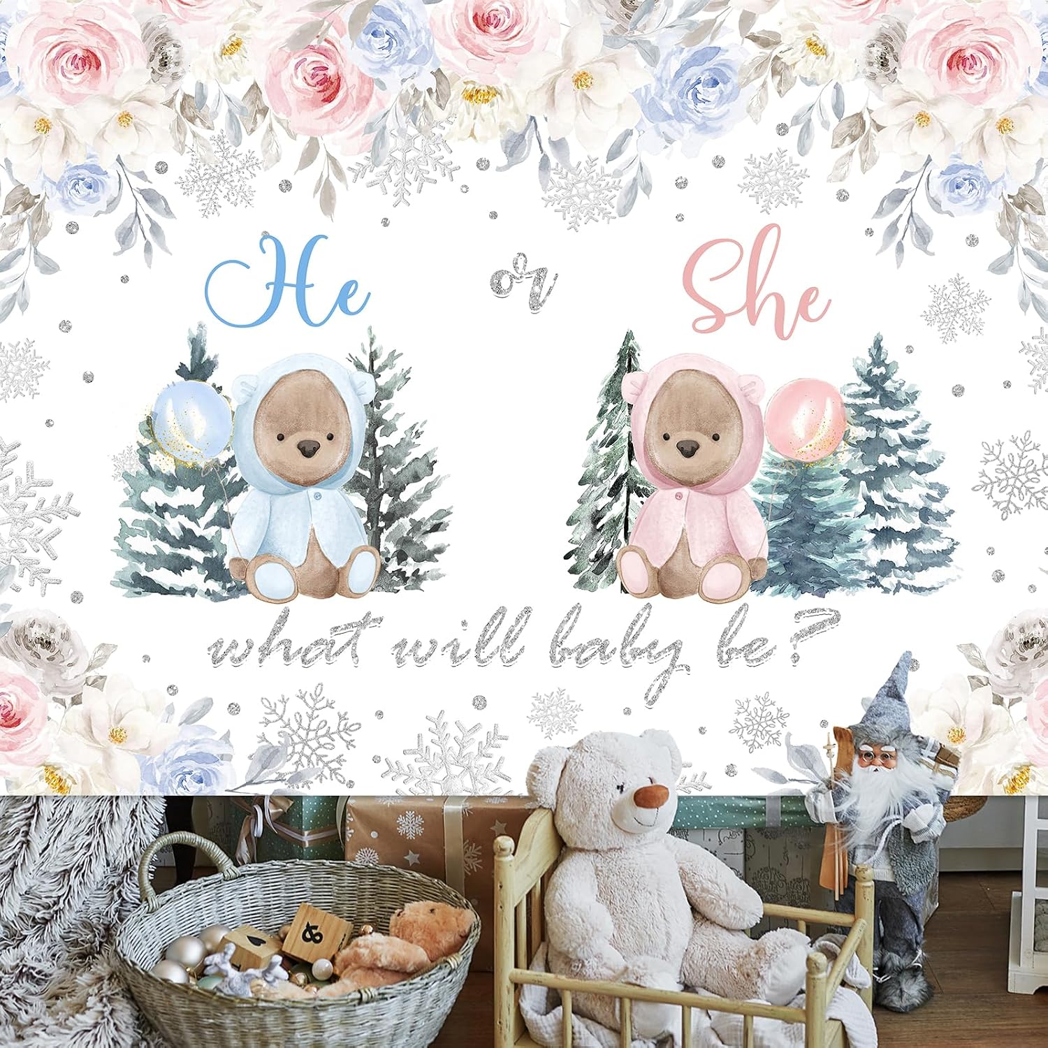 Avezano Bear Gender Reveal Backdrop Winter Snowflake He or She Bear Baby Shower Photoshoot Party Decorations Newborn Blue or Pink Gender Reveal Party Banner (8x6ft)