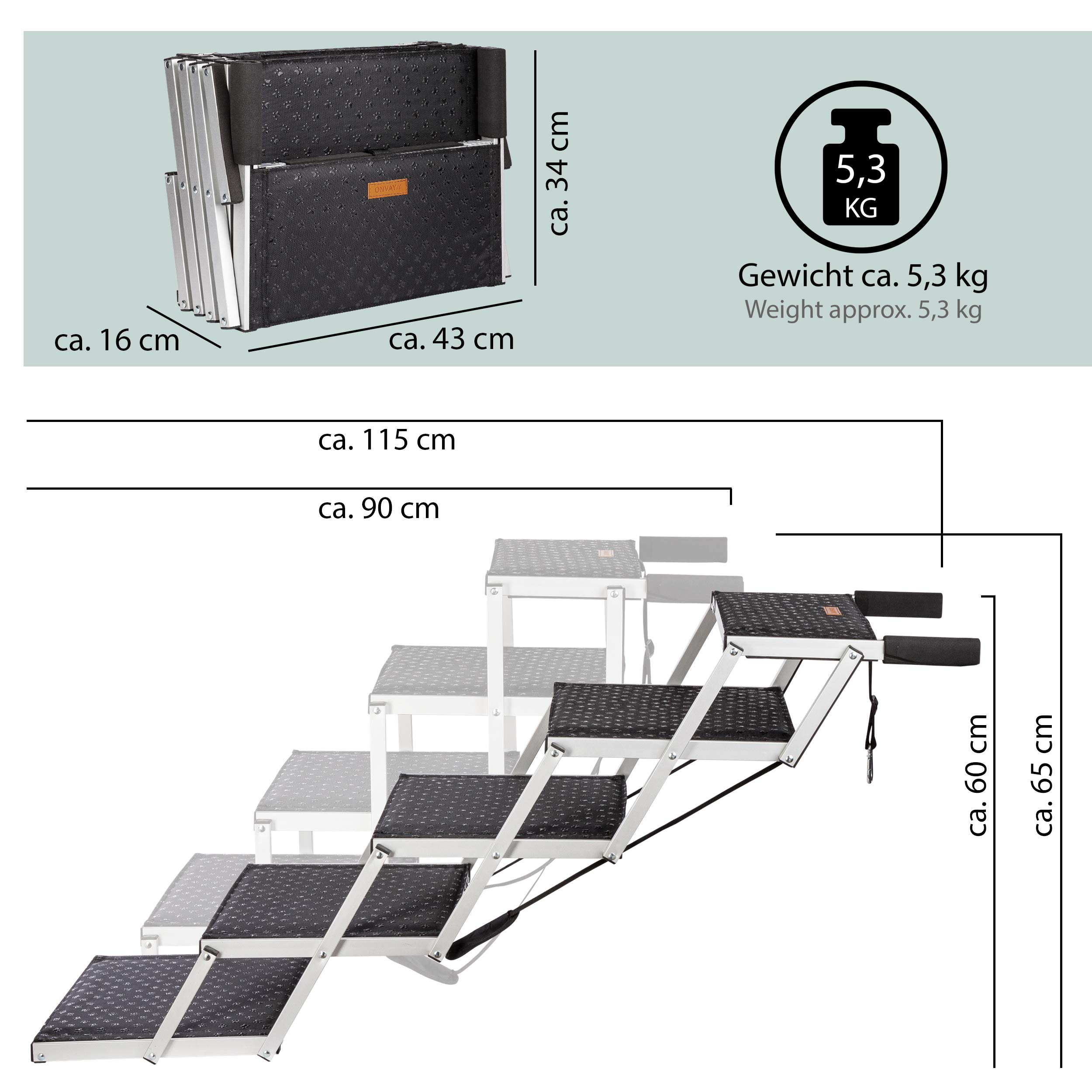 ONVAYA® Hundetreppe faltbar | 5 Stufen | Hunderampe Einstieghilfe für Autos oder hohe Betten | klappbare Haustiertreppe | stabile Hundeleiter | praktisch & leicht | für bis zu 60 kg