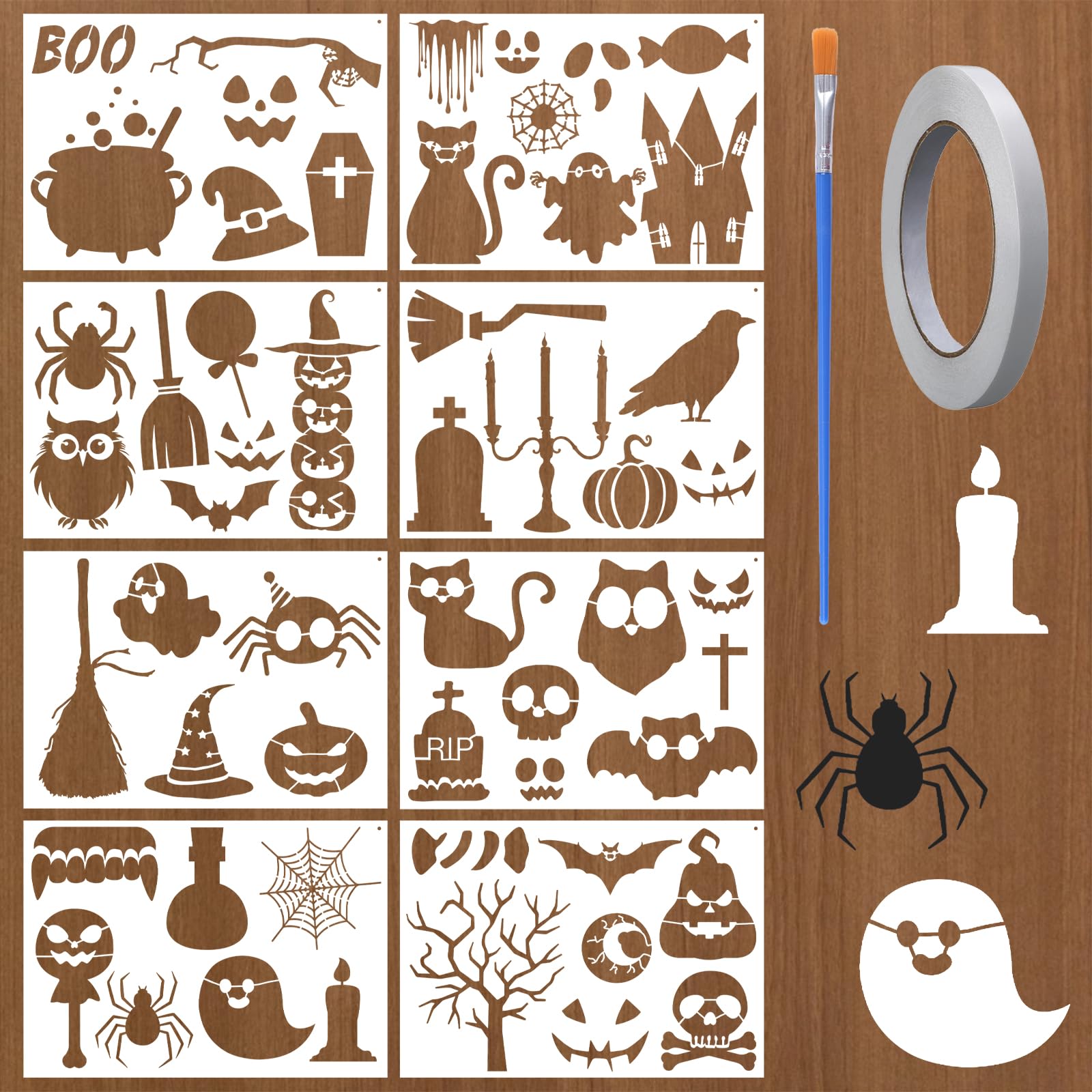 URROMA 8PCS Halloween Stencils for Painting on Wood 4X6in Reusable Halloween Templates Large Pumpkin Ghost Face Sign DIY Crafts Window Decor (8x11.5in)