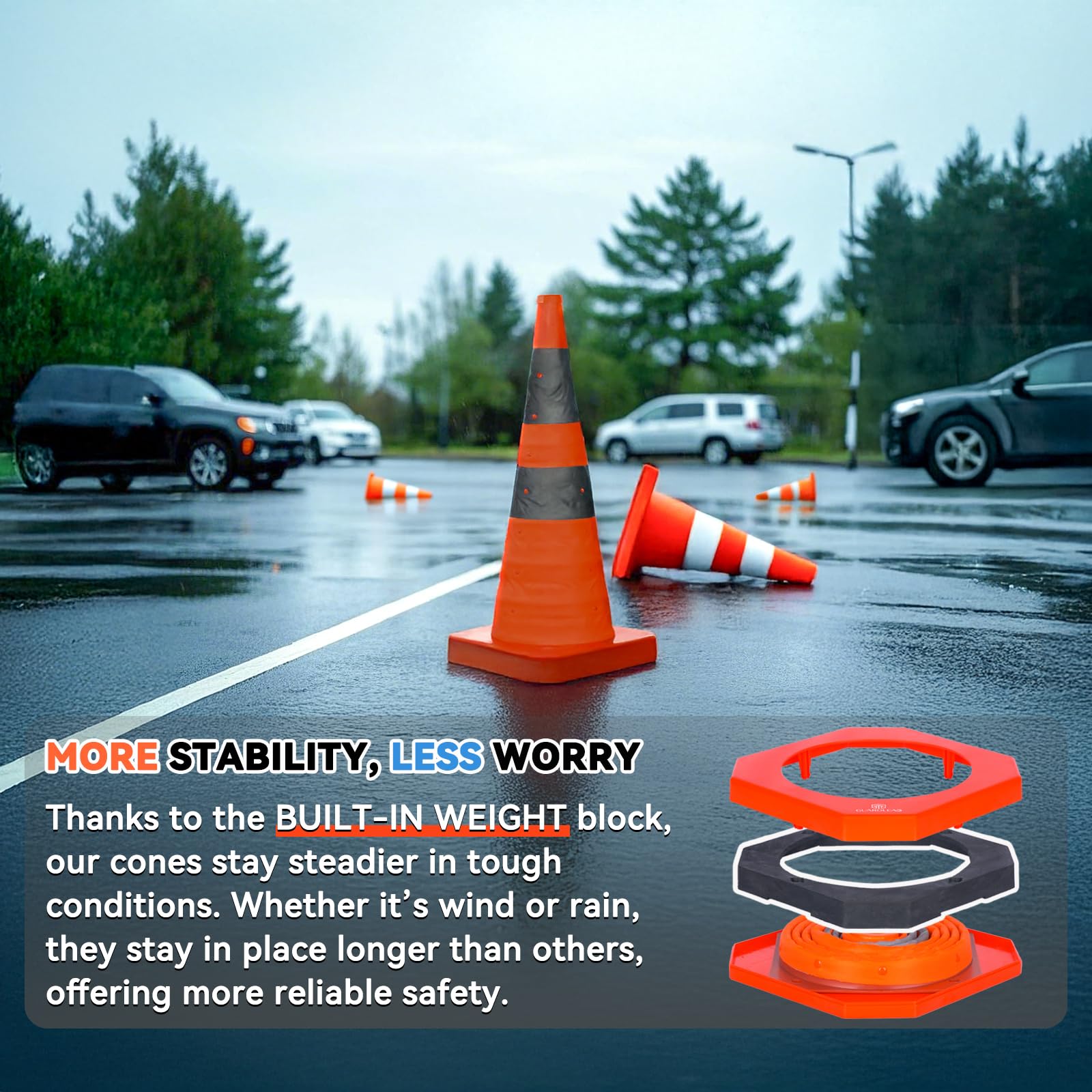 Coni di sicurezza con base ponderata di 70 cm segnalazione pieghevoli - coni di avvertimento di emergenza - per parcheggio stradale e costruzione (4, 70 cm)