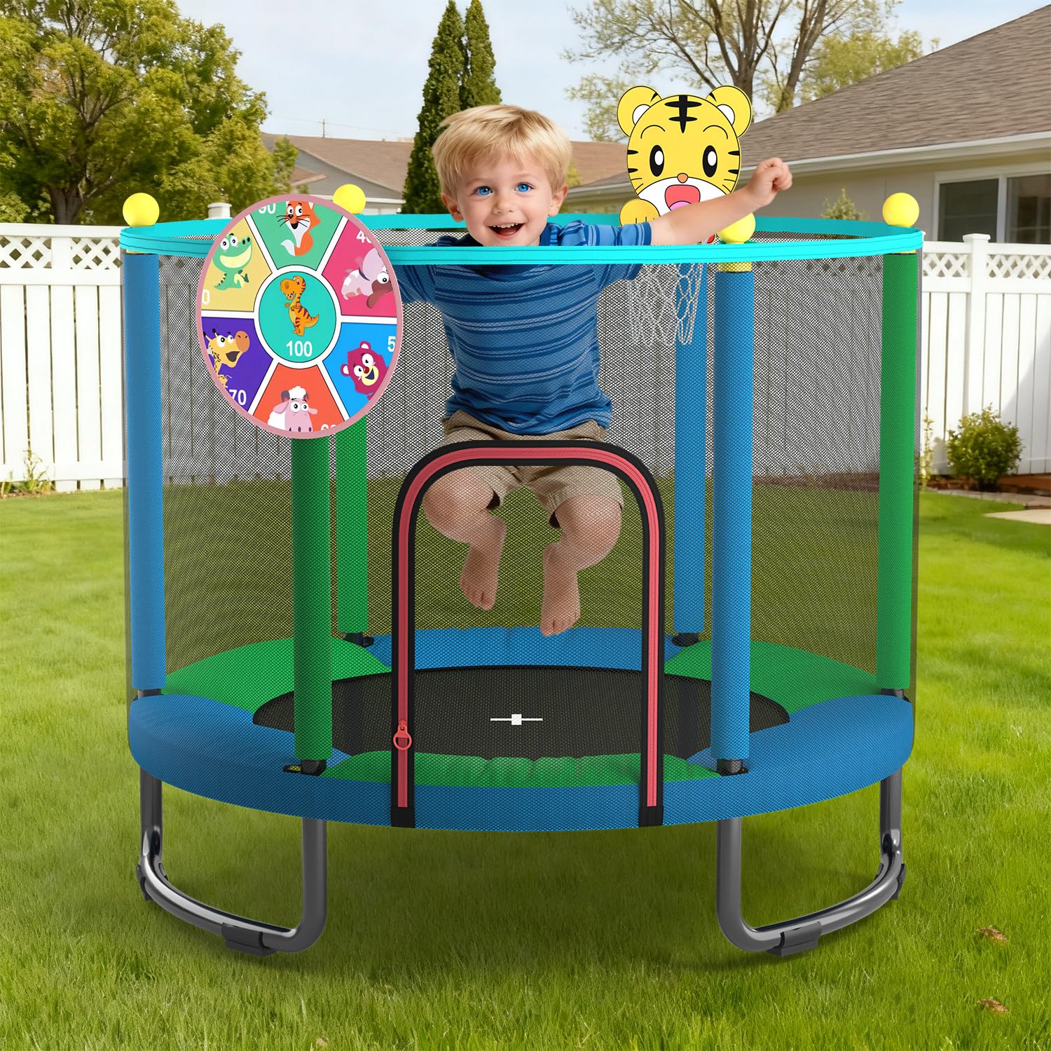 Trampoline pour Enfants 150 cm intérieur/extérieur – avec Filet de sécurité, Panier de Basket et Accessoires de Jeu. Cadeau d'anniversaire et de Noël pour garçons et Filles