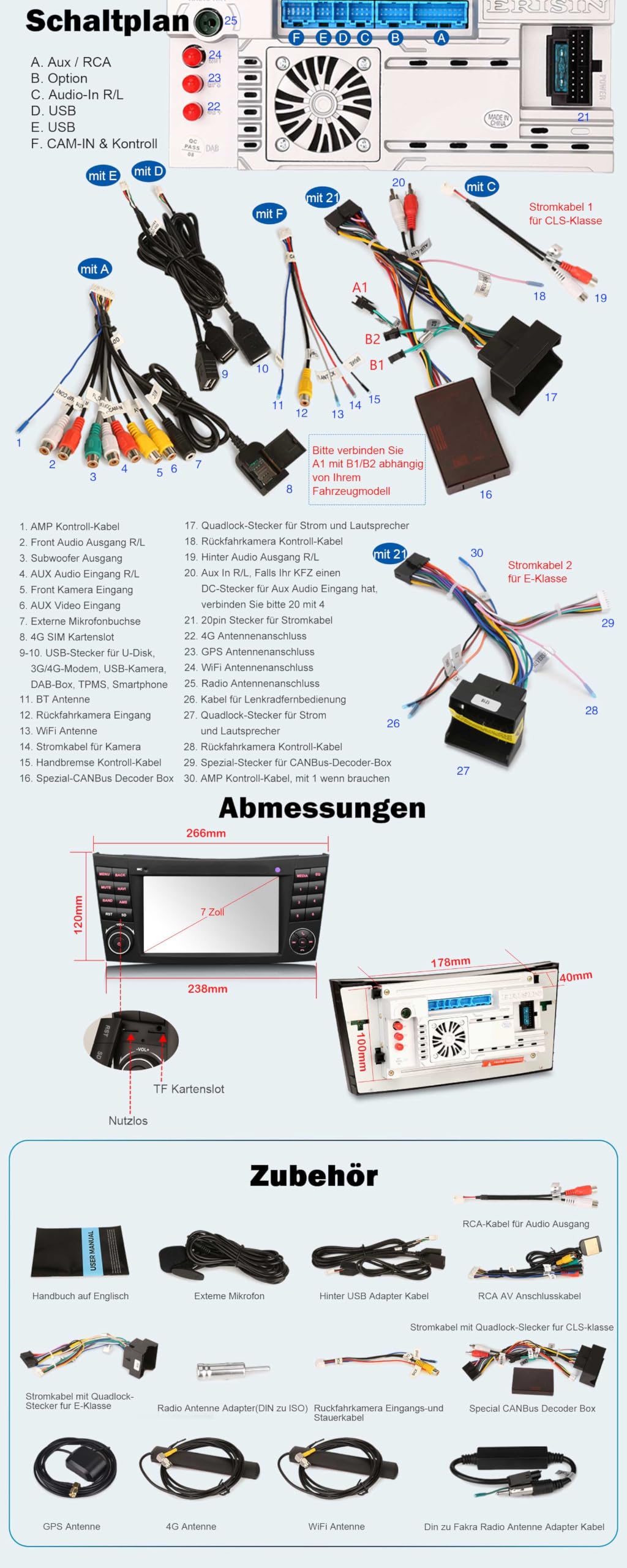 Erisin Android 16 Acht-Kern Autoradio 4GB+64GB Für Mercedes Benz E-Klasse W211 CLS Klasse W219 GPS Navigation Unterstützt CarPlay Android Auto WiFi 4G Bluetooth 5.0 AM/FM RDS 7" Touchscreen DAB+ USB